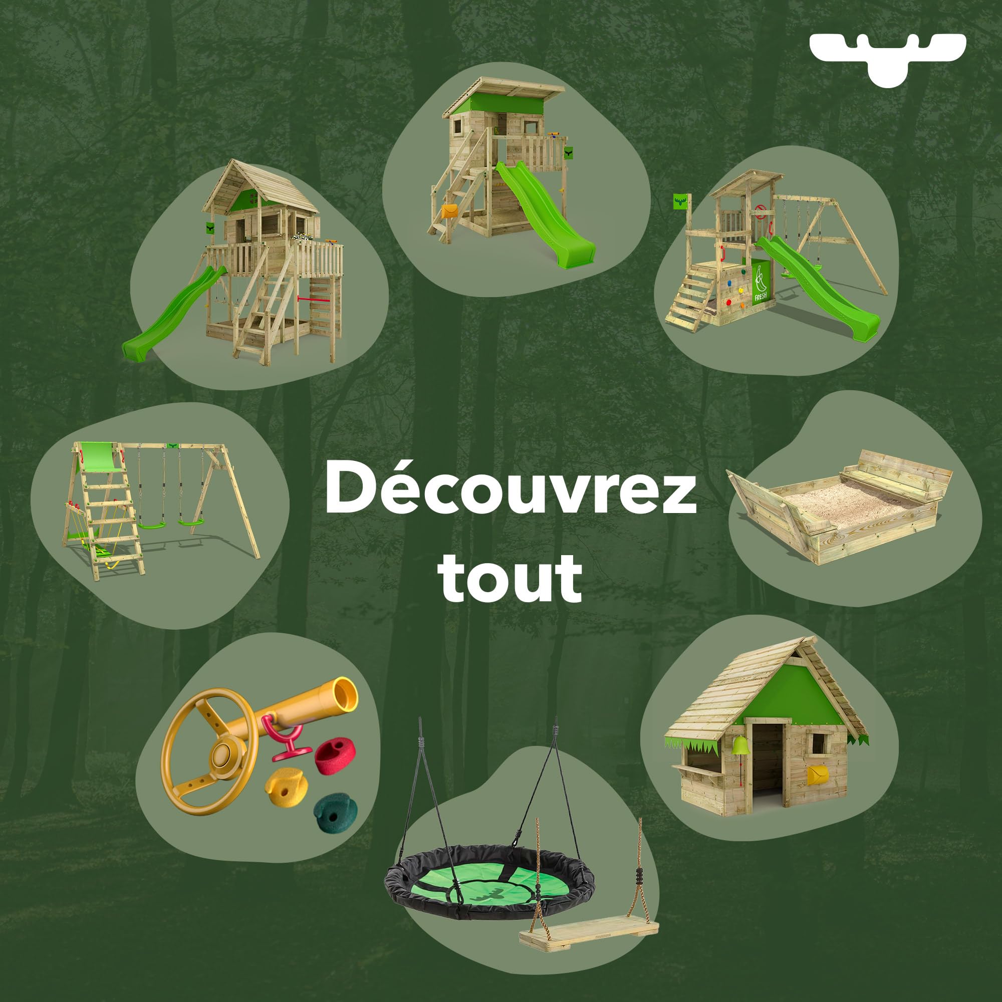 Fatmoose Aire de Jeux Portique Bois TikaTaka avec balançoire SurfSwing et Toboggan Vert Sauge, Cabane Enfant Exterieur avec bac à Sable, échelle d'escalade & Accessoires de Jeux