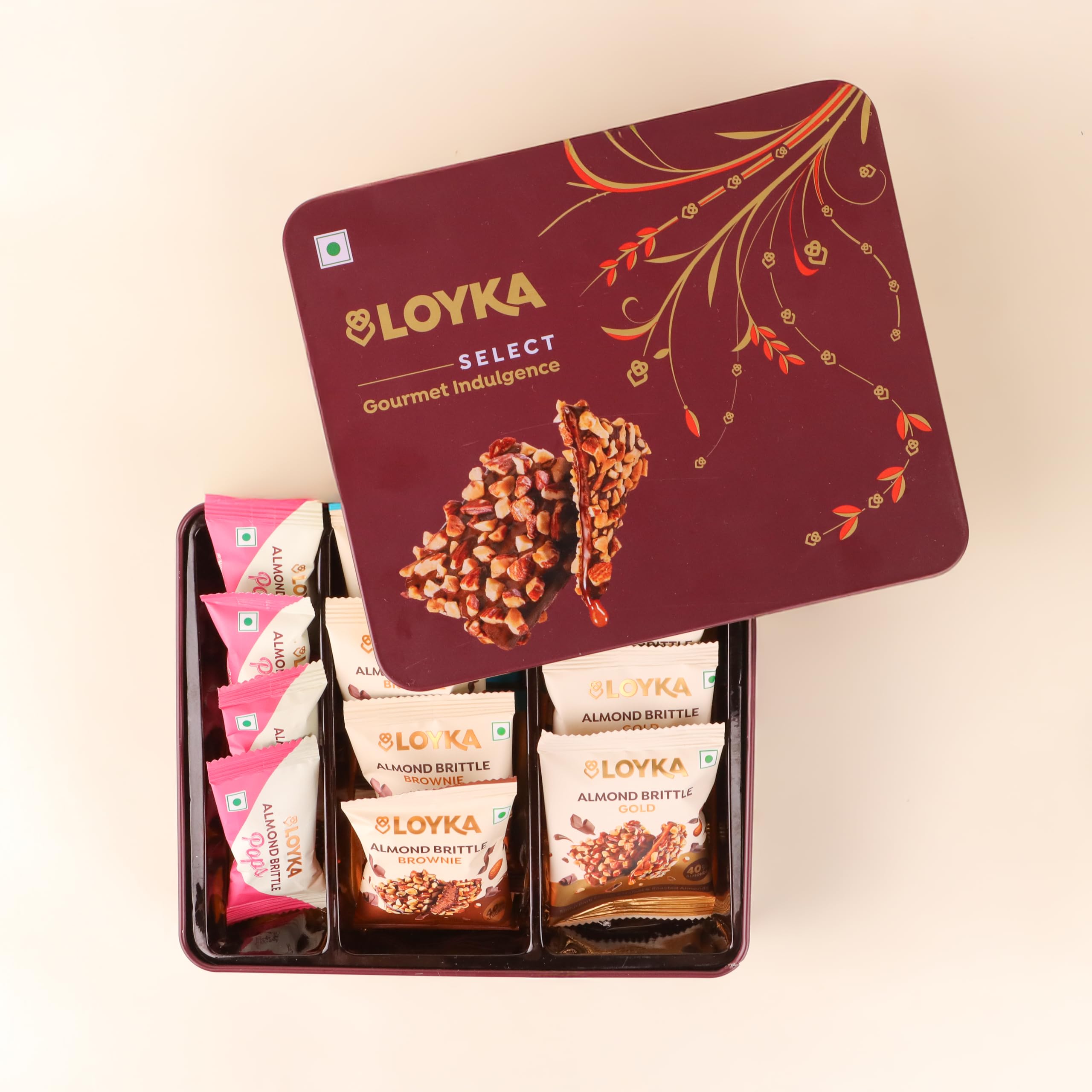 Loyka Select Majestic Maroon Tin (Reusable) Gift Box – 3 Almond Brittle Gold, 3 Brownie, 4 Pops, 2 Almond Cookies – A Premium Treat Box for Gifting & Indulgence