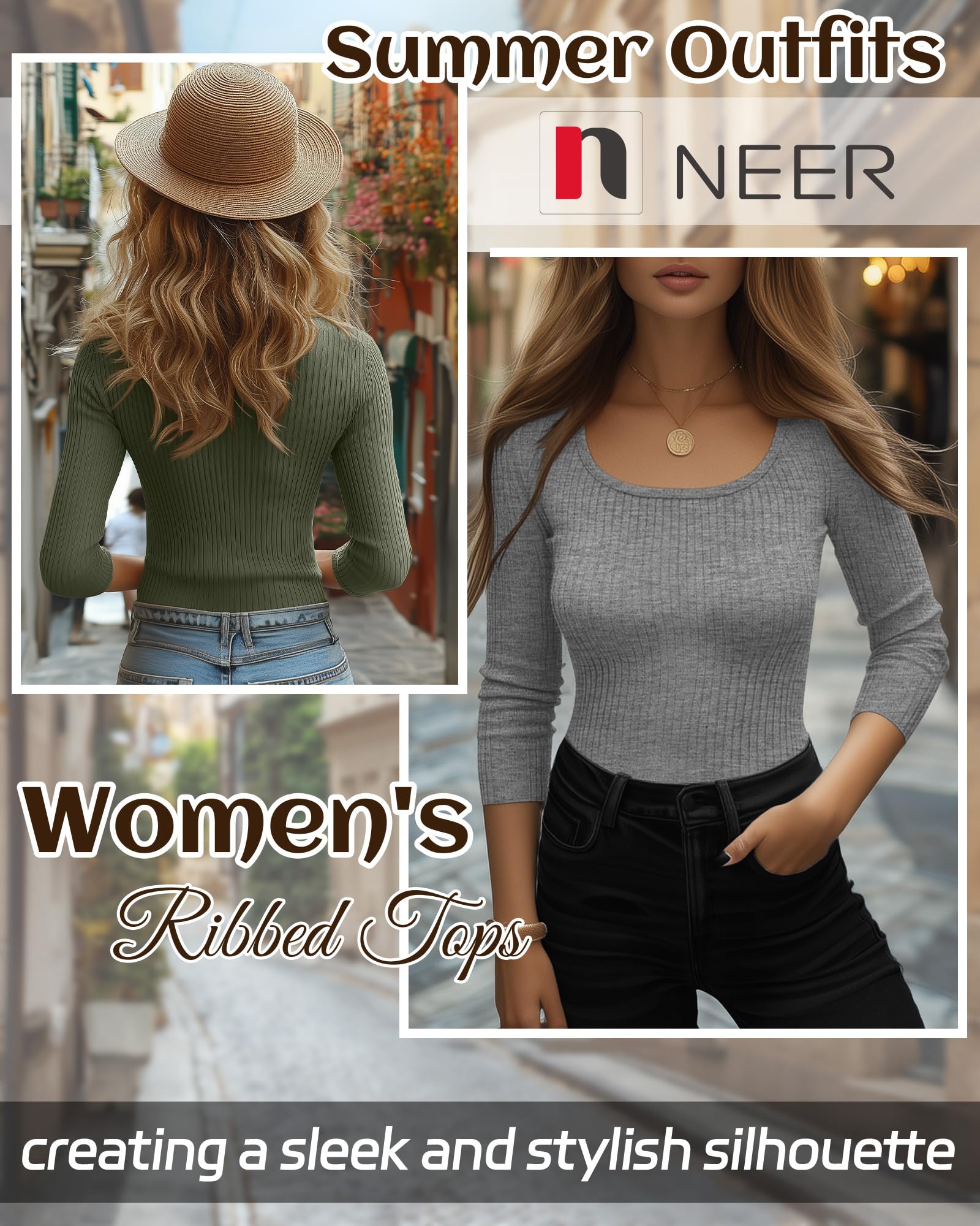 Neer Lot de 3 hauts à manches 3/4 pour femme, en coton côtelé, col rond, manches trois-quarts d'été, t-shirts basiques décontractés