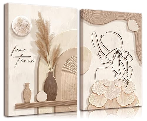 2pcs Neutral Abstract Canvas Wall Art Tan And Cream Beige