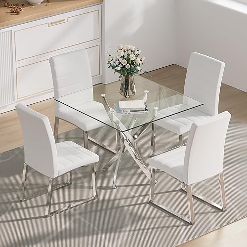 Miniatura 4 de Henf Mesa de comedor de vidrio de 36 pulgadas, mesa de cocina cuadrada para 4, mesa de comedor de cristal moderna con patas de acero inoxidable