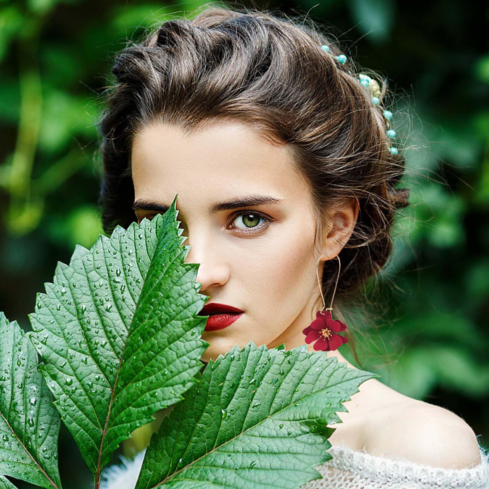 Pendientes Colgantes Flores Pétalos Florales Hada Margaritas Mujer Joyería Bohemio Rojo