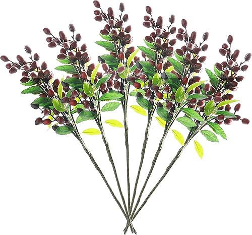 6 tallos de bayas artificiales de 15 pulgadas, púas de bayas de olivo sintético con hojas verdes para adornos de árbol de Navidad, coronas de