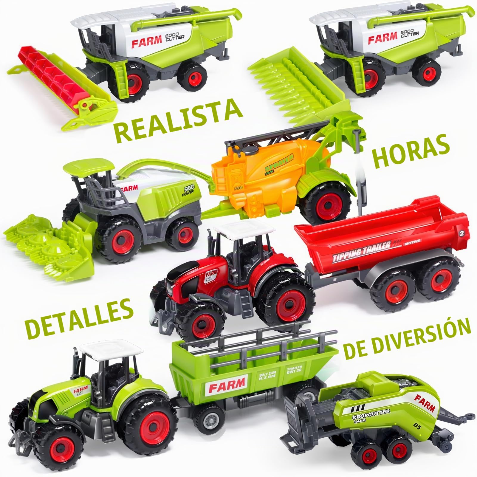 Oriate Juego de tractor de granja de 34 piezas, juego de vehículos fundidos a presión, tamaño grande de 4.8 pulgadas, juguete de tractores para niños, regalo de cumpleaños para niños, alfombra de
