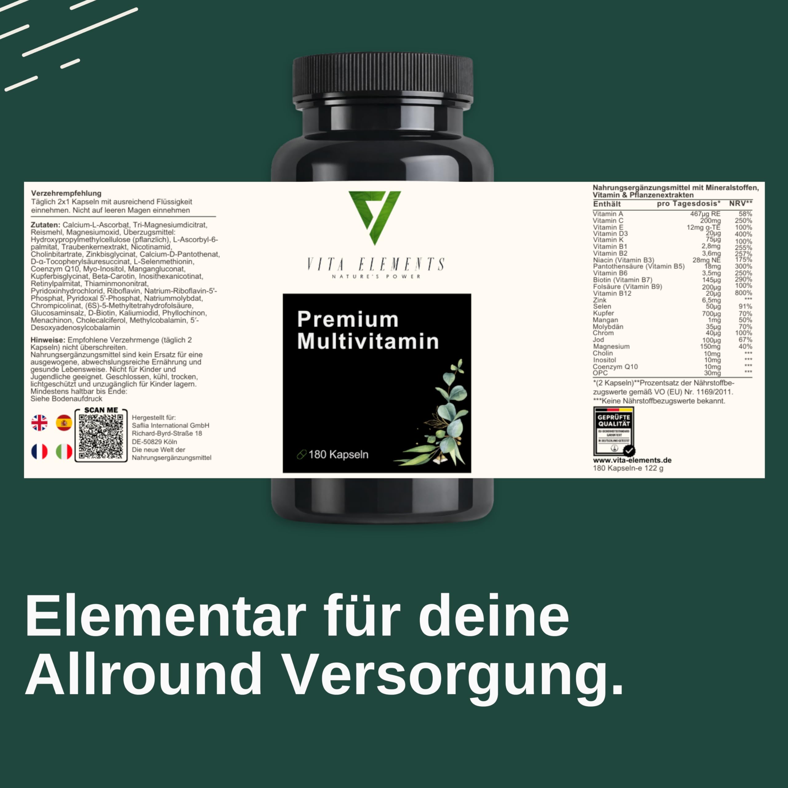 Vita Elements Complejo Multivitamínico - 180 Cápsulas - 21 Nutrientes Esenciales de la A a la Z - 3 Meses de Suministro - Formas Bioactivas - Sin Aditivos - Alta Dosis - Probado en Laboratorio (5)