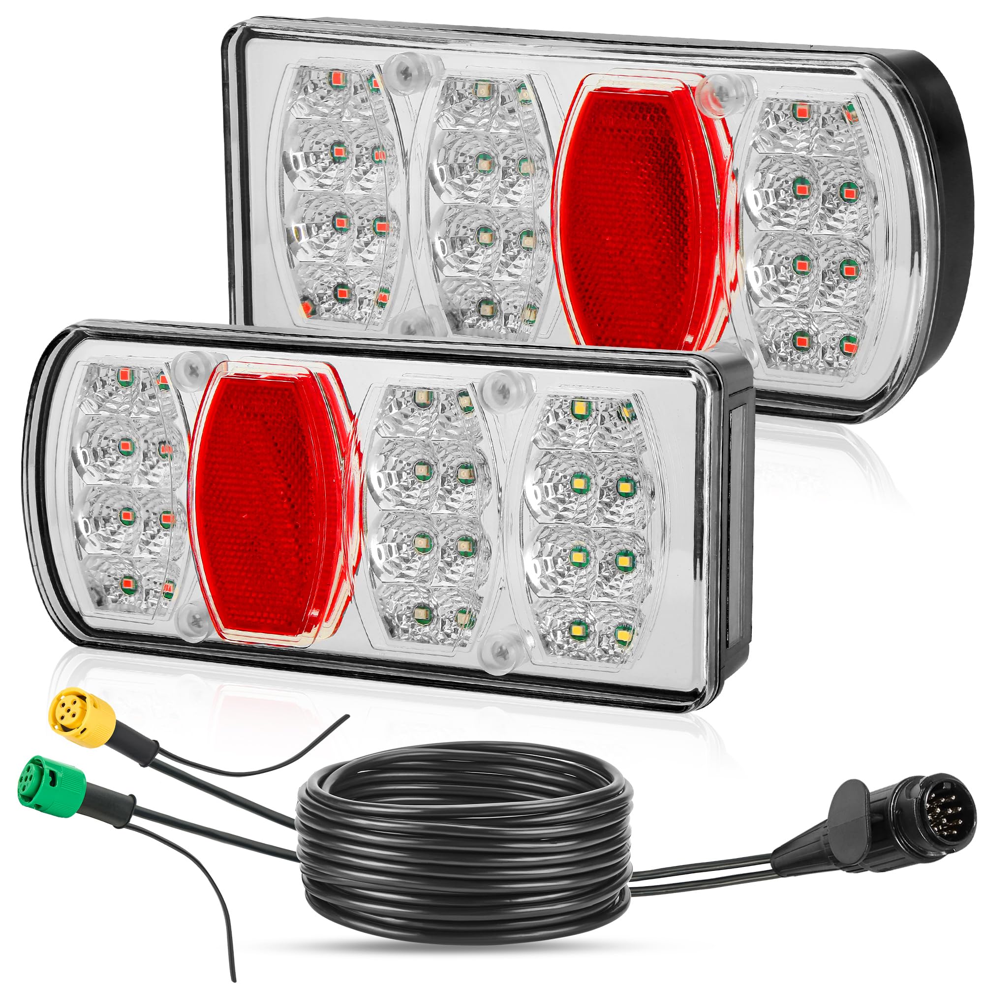 D-TECH Kit Éclairage Feux Arrière Remorque LED 13 Broches 12V 24V avec Faisceau 5,5m + Rallonge 25 cm pour Éclairage de Plaque Feu Antibrouillard Arriere de Gabarit de Recul Remorque