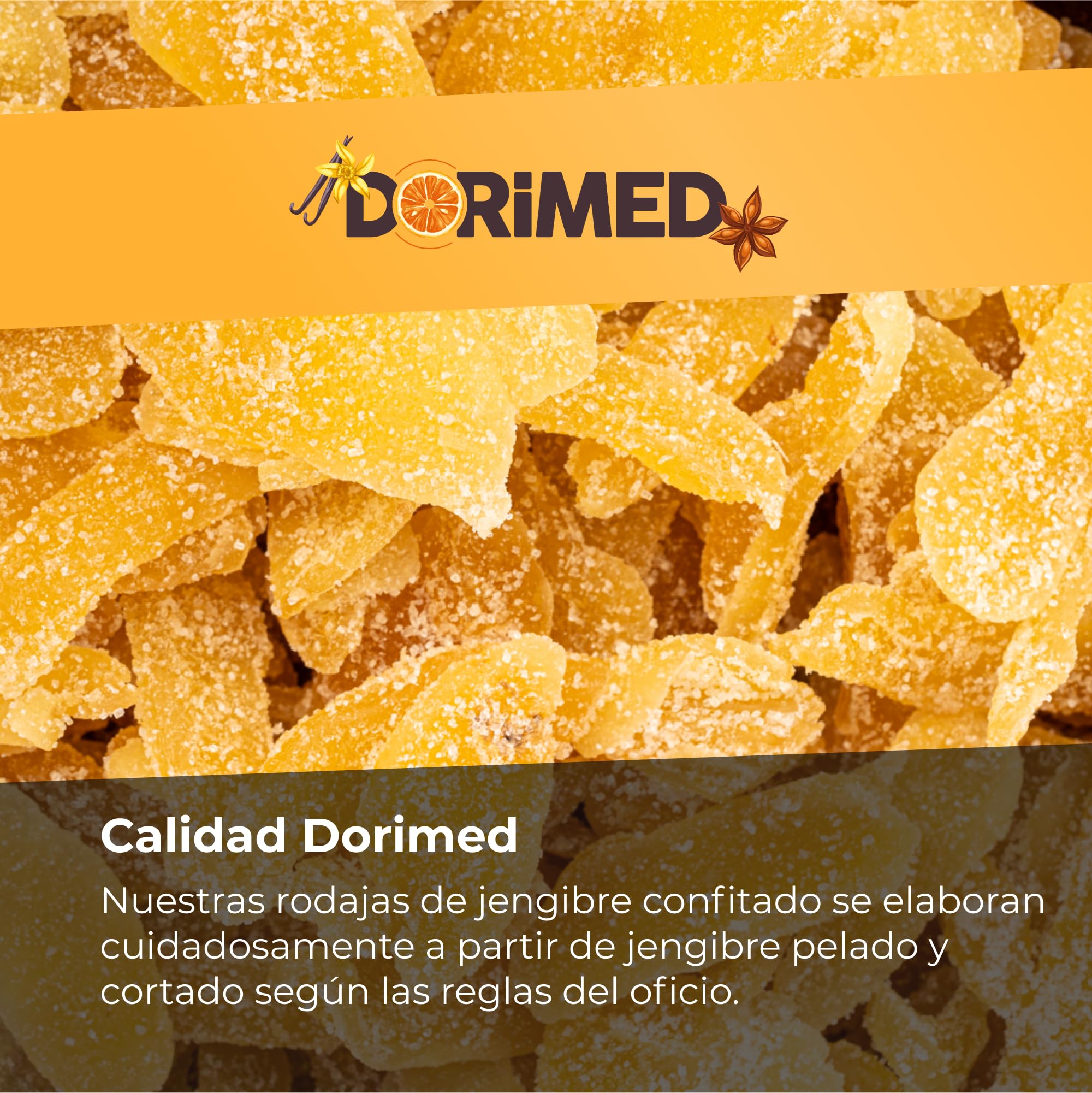 Jengibre Confitado en Trozos 1kg | Fruta Seca Deshidratada | Rodajas de Jengibre Glaseadas | Láminas Desecadas Azucaradas | Snack Dulce | IDEAL para recetas | Vegetarianos y Veganos | Dorimed