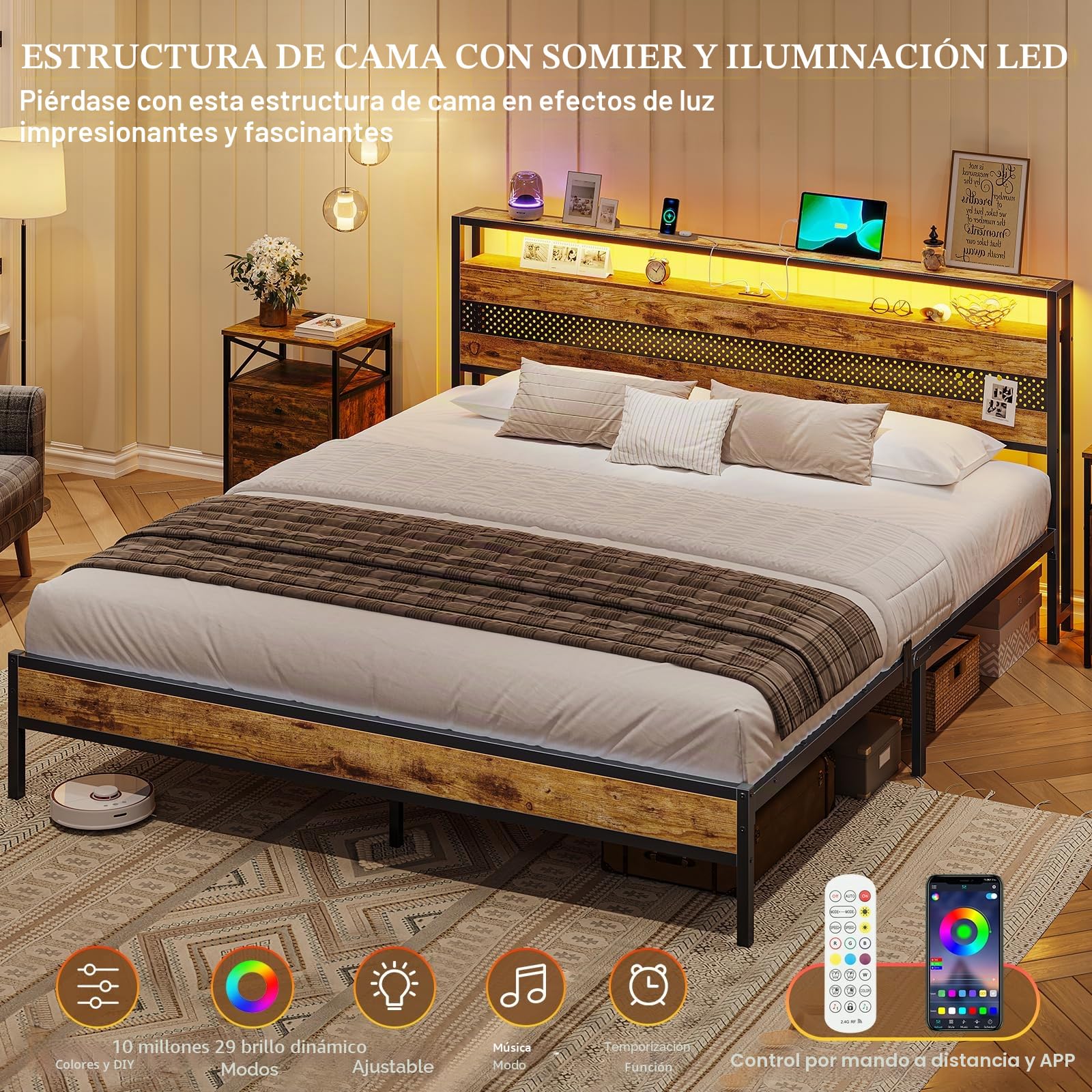 Cama de 160 x 200 cm con somier de láminas de metal, estructura de cama de metal con enchufe y función de carga USB, cama doble con espacio de almacenamiento, cama para dormitorio y habitación de