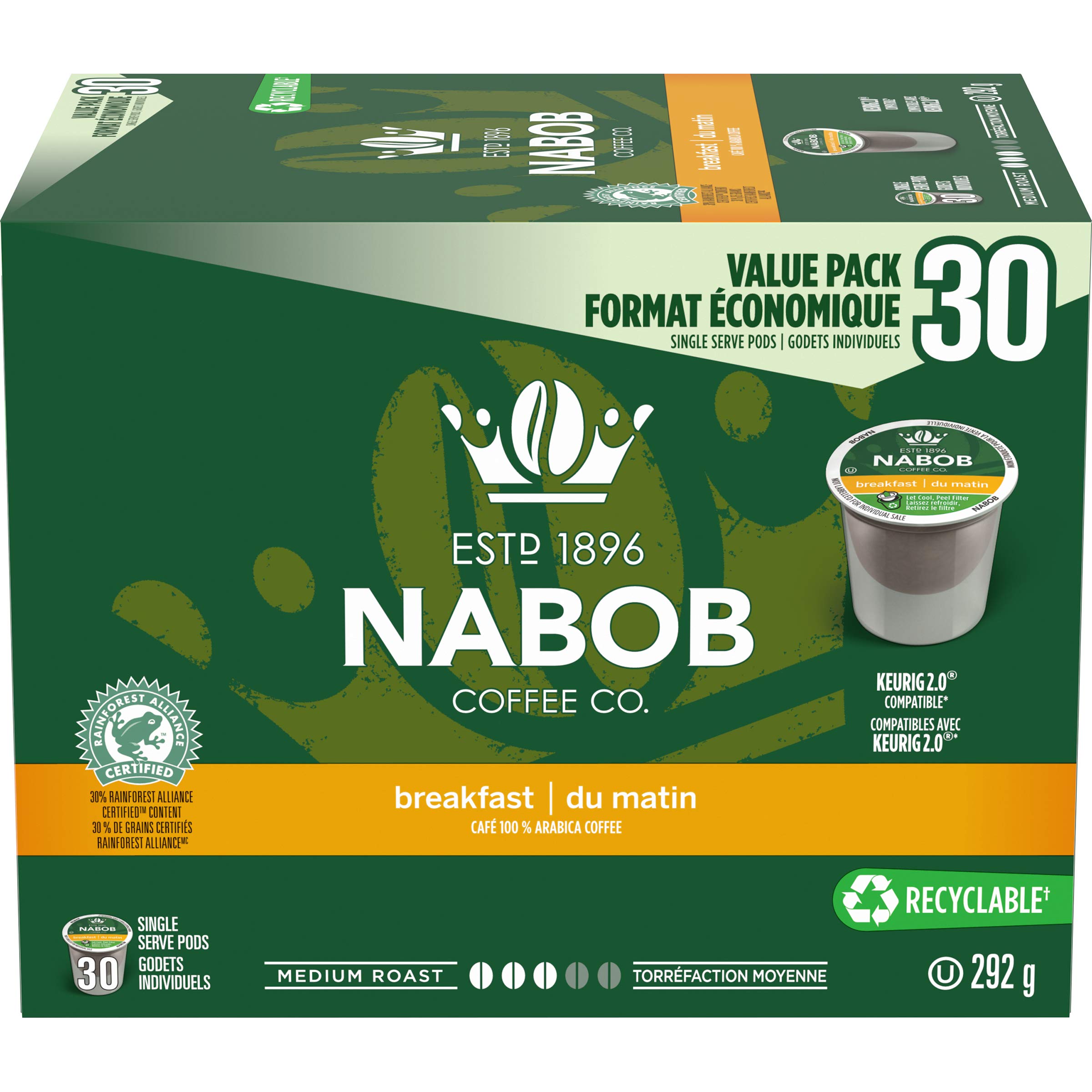 Nabob Breakfast Blend Coffee, medium roast, Single Serve Keurig Certified K-Cup Pods for Keurig Brewers, 30 Count