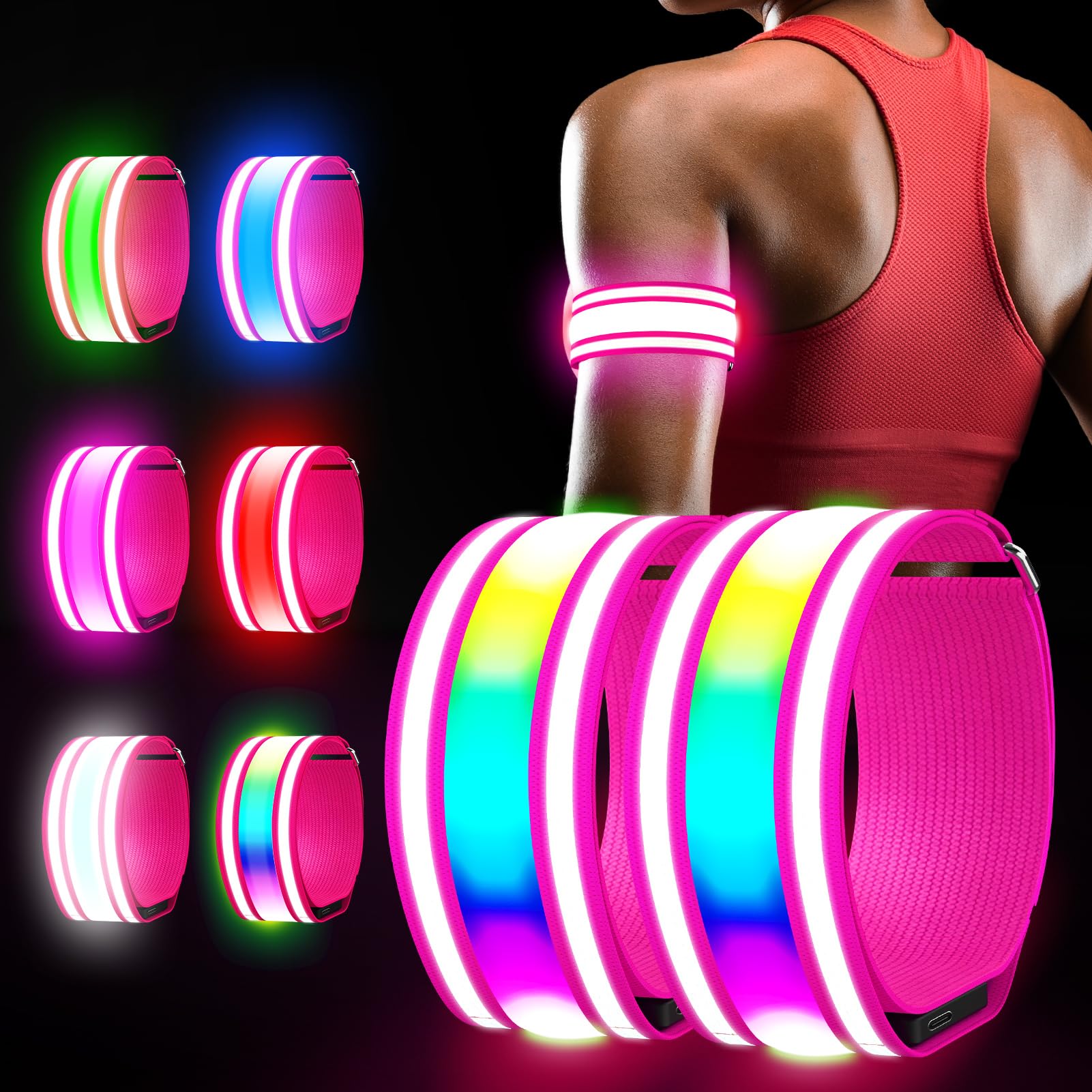 Samlior Led Armband Aufladbar, Reflective Leuchtband Sicherheits Licht | 2 Stück Verstellbares Gummiband LED Armbänder für Joggen Laufen Running im Dunkeln