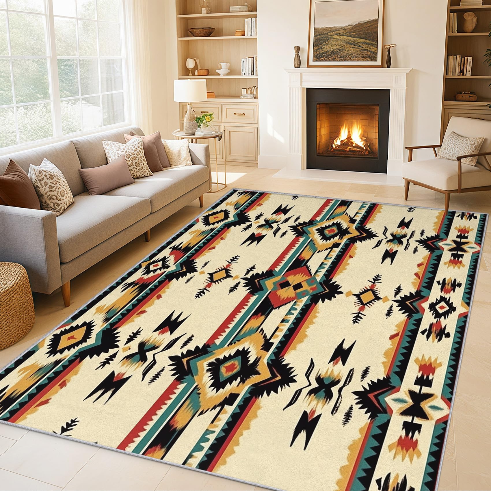 Générique Tapis Salon Navajo, Tapis Amérindien Aztèque, Poils Antidérapant Courts Doux Moquette pour Salon Chambre Bureau pour Un Nettoyage Facile 80 x 150 cm P-&83