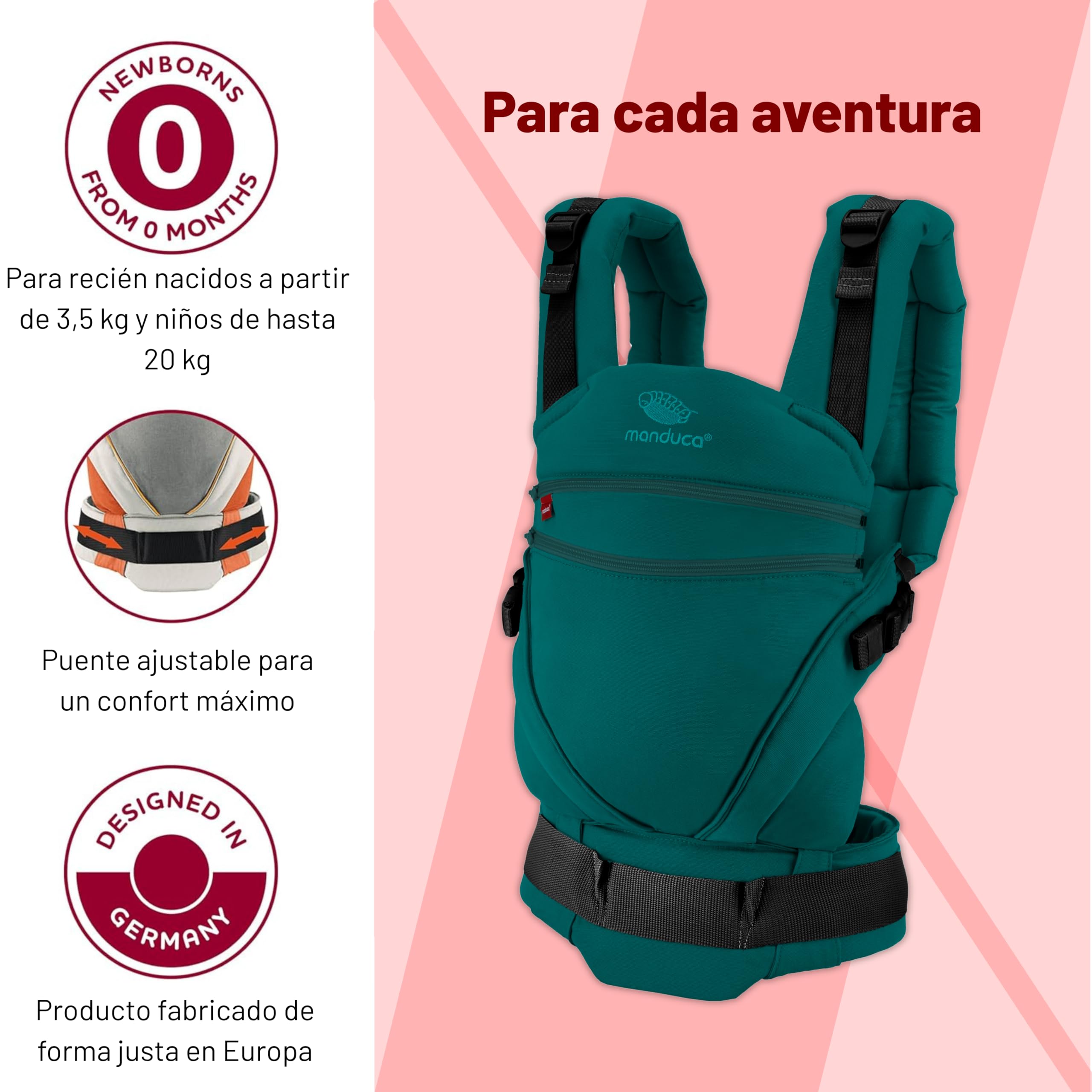 Portabebés Manduca XT, asiento ajustable, apto desde el nacimiento, fabricado en algodón orgánico con 3 posiciones de transporte, Happy Lagoon