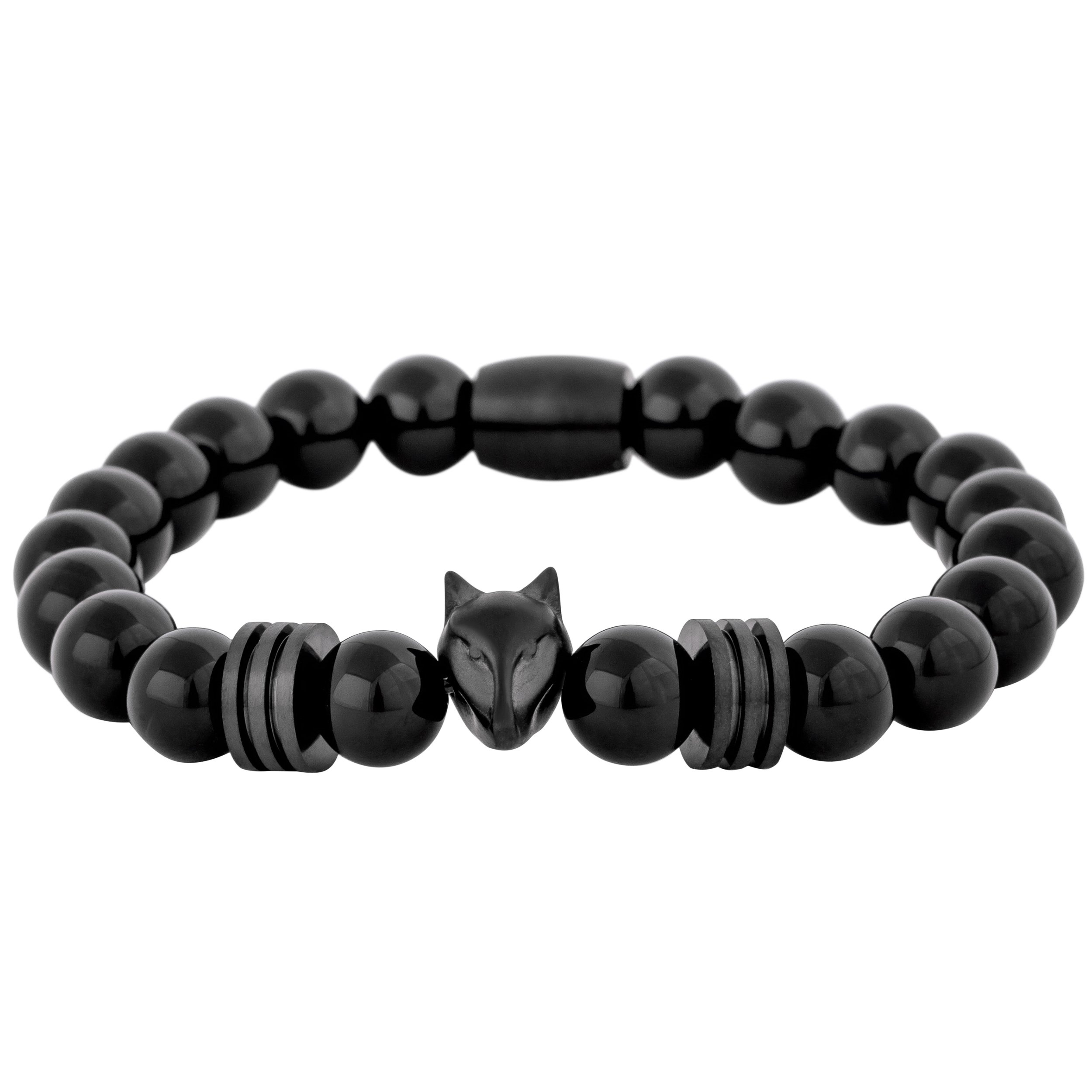 Akitsune Obsidian Perlenarmband | Premium Armband für Männer | Perlenarmband Herren mit Edelsteinen & Edelstahl Fuchs-Emblem | Exklusive Schmuckschachtel | Tolle Geschenkidee