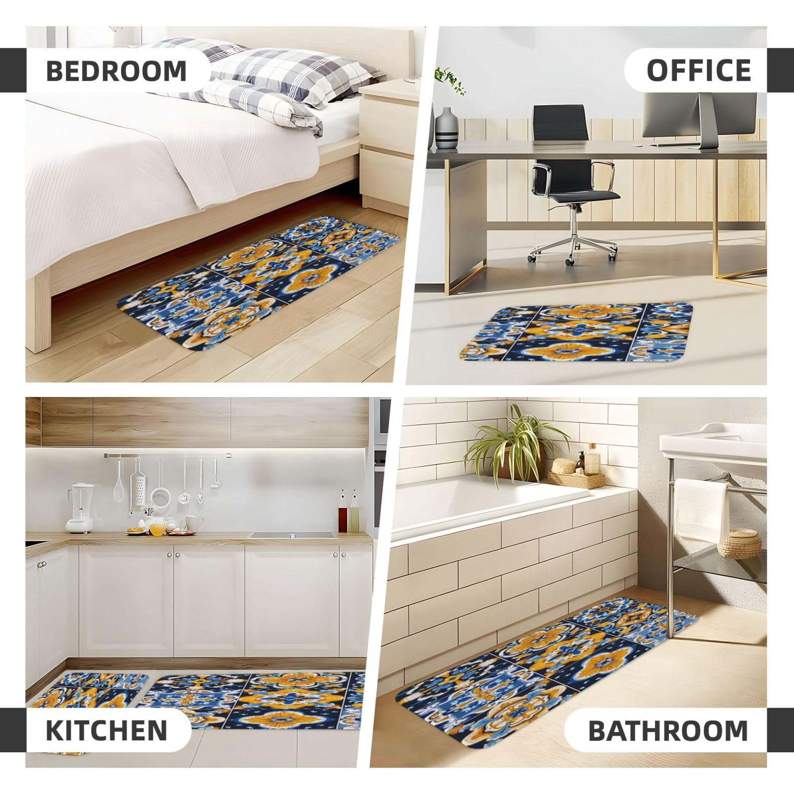 Juego de 2 alfombras de cocina con azulejos españoles de color azul oscuro y amarillo, antideslizantes y absorbentes para dormitorio, baño, oficina