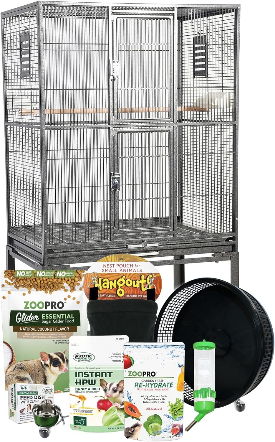 Brisbane Cage & Starter Package for Sugar Gliders - Includes Durable Cage, Healthy Food Variety, Exercise Wheel, Food Dishes, Water Bottle & Nest Pouch
