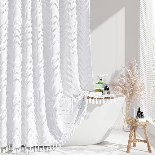 Vista 38 de Dynamene - Cortina de ducha, bohemia y rústica con rayas con chebrón en relieve, cortina texturizada para decoración de baño, juego de cortina A.