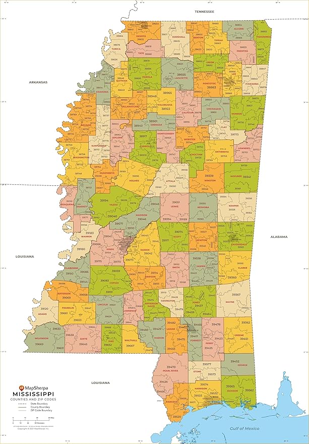 Mississippi ZIP Code Map with Counties Standard 36" x