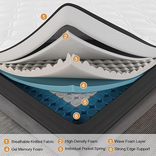 Miniatura 5 de Colchón híbrido tamaño King, colchón híbrido de 10 pulgadas en una caja con resorte individual de bolsillo, espuma viscoelástica de gel y parte
