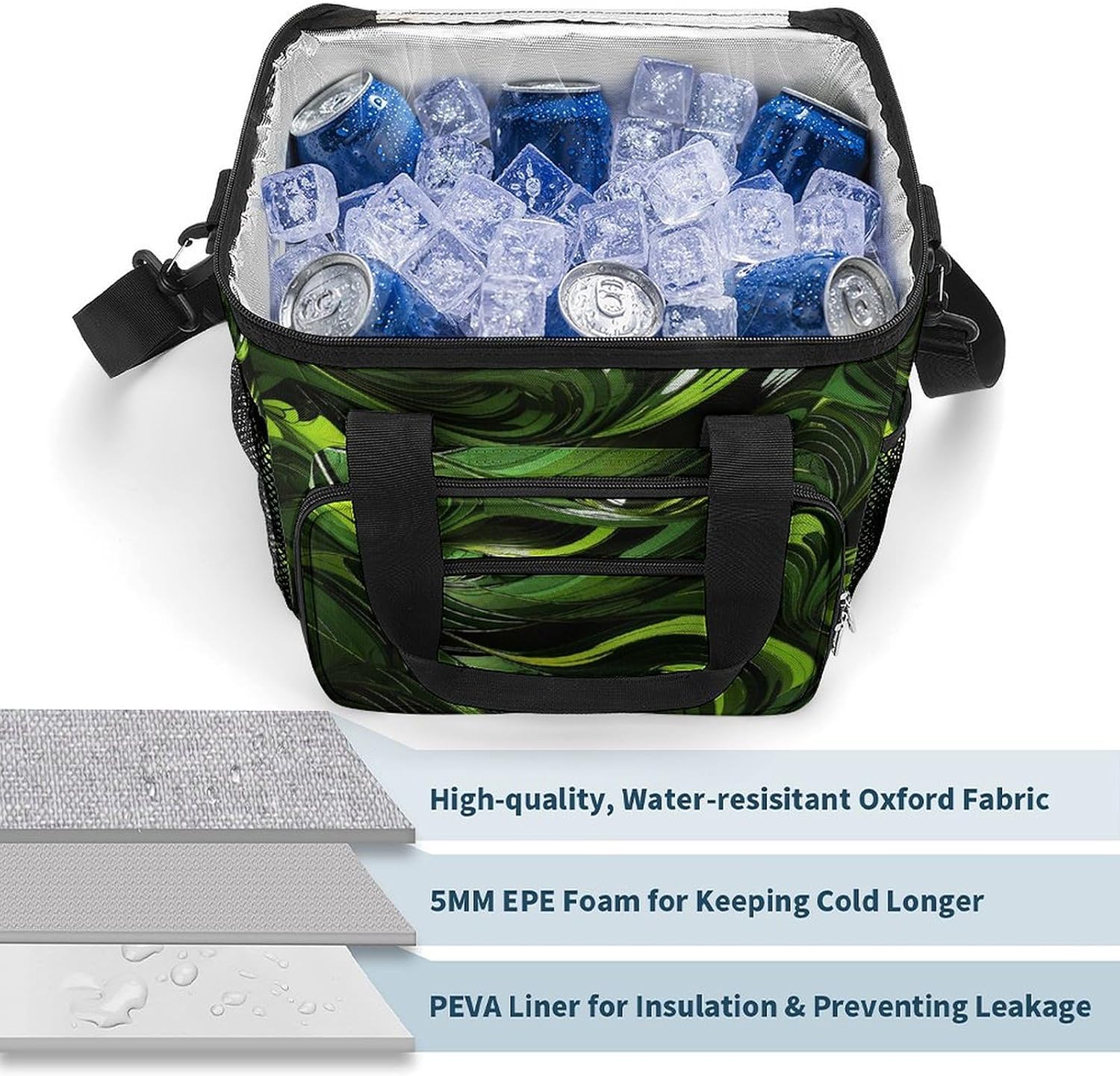 Camping Ice Pack, Abstract Green Snake Print Cooler Bag, 22.5L Large Capacity Insulated Lunch Tote Bag for Outdoor, Picnic, BBQ, Travel, Work