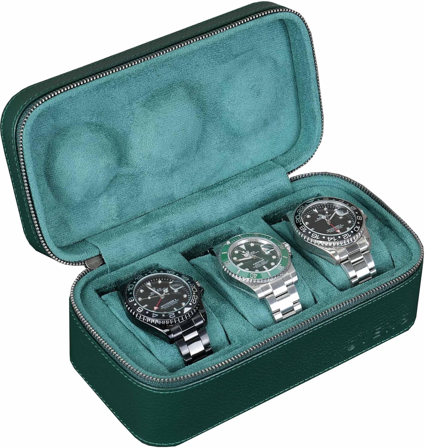 3 Watch Travel box Real Top-grain Leather, Three Watches Storage Organizer Roll Case for Man and Women, Watch Packing Box with Suede to Protection Zipper Fit All Watches Up to 60mm (3W-Z-GR)