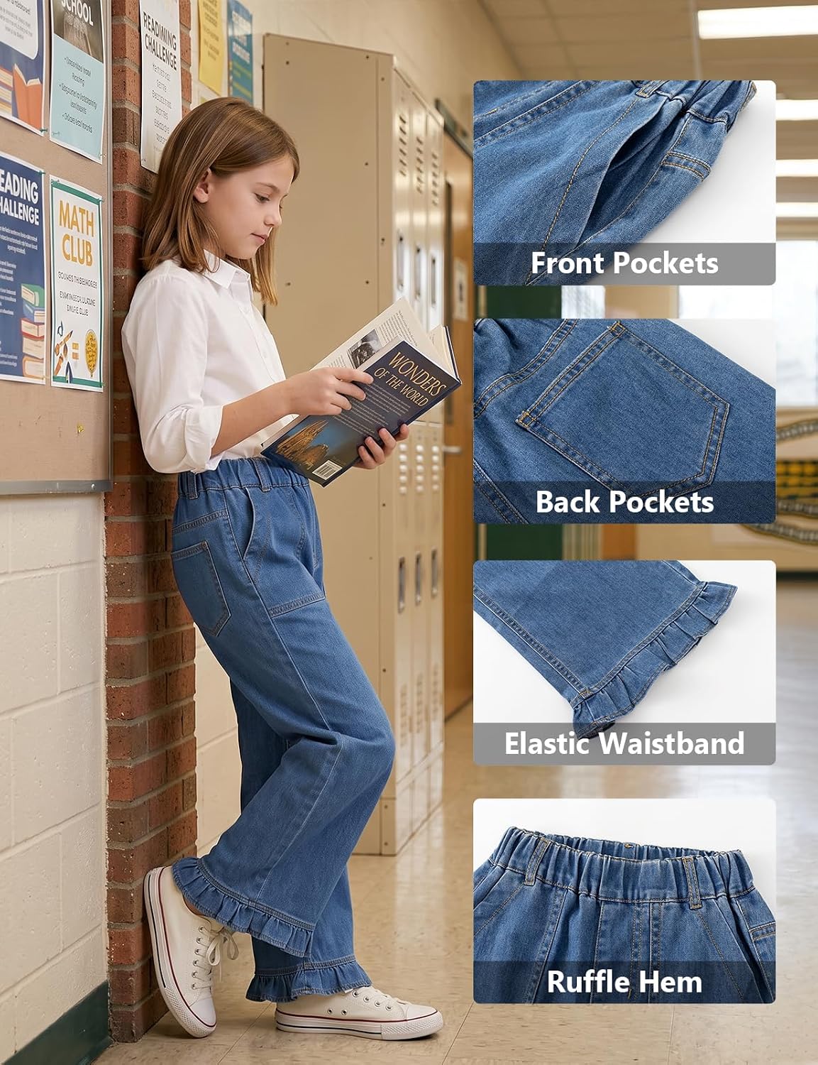 Noomelfish Girls Ruffle Wide Leg Jeans Baggy Cute Stretchy Denim Pants with Elastic Waist & Pockets (5-14 Years)