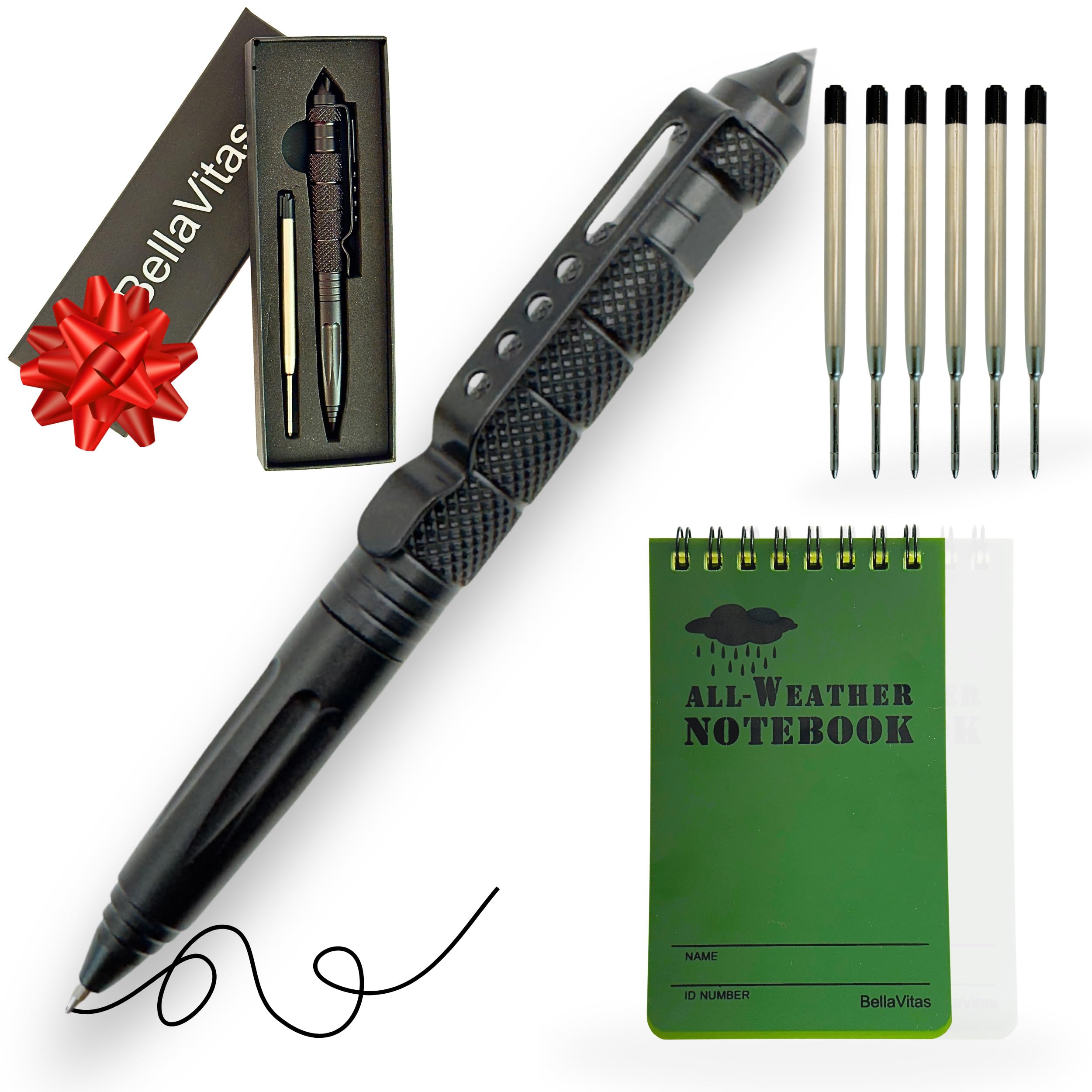 Military Tactical Pen, Emergency Glass Breaker Pen, Tactical EDC Pen, Multitool pen, Tungsten Steel Pen, Writing Fat Pen, 6 Ballpoint Pen Refills, 1 Waterproof Notebook (1 Pack)