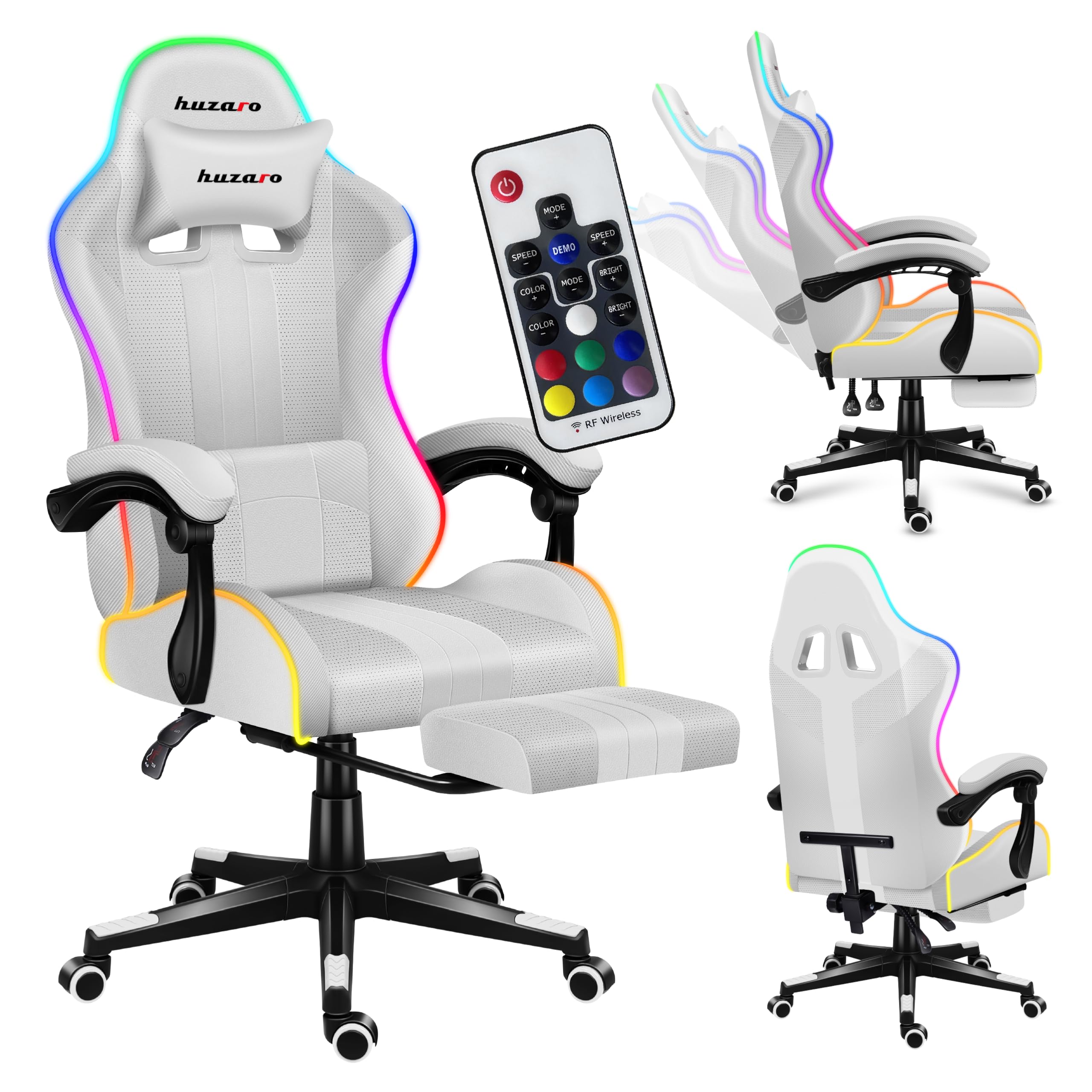huzaro Force 4.7 RGB Gaming Stuhl - Ergonomischer Bürostuhl & PC Stuhl | Schreibtischstuhl für Gamer - Bis 150 kg belastbar - Mit ausziehbarer Fußstütze & Lendenkissen - Stoff Mesh – Weiß