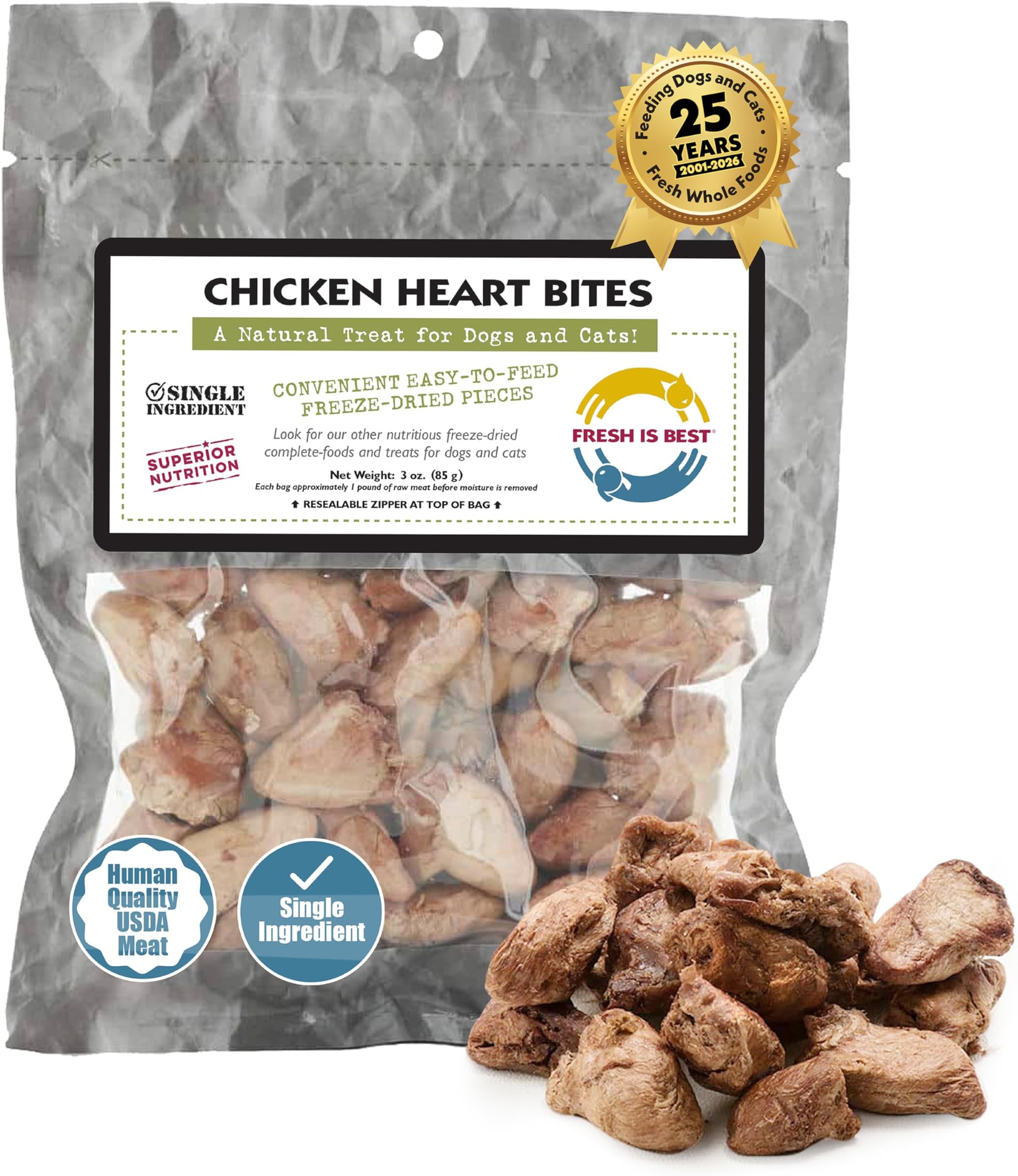 Freeze Dried Raw Whole Chicken Heart Treats for Dogs/Cats , 3 Oz,Adult