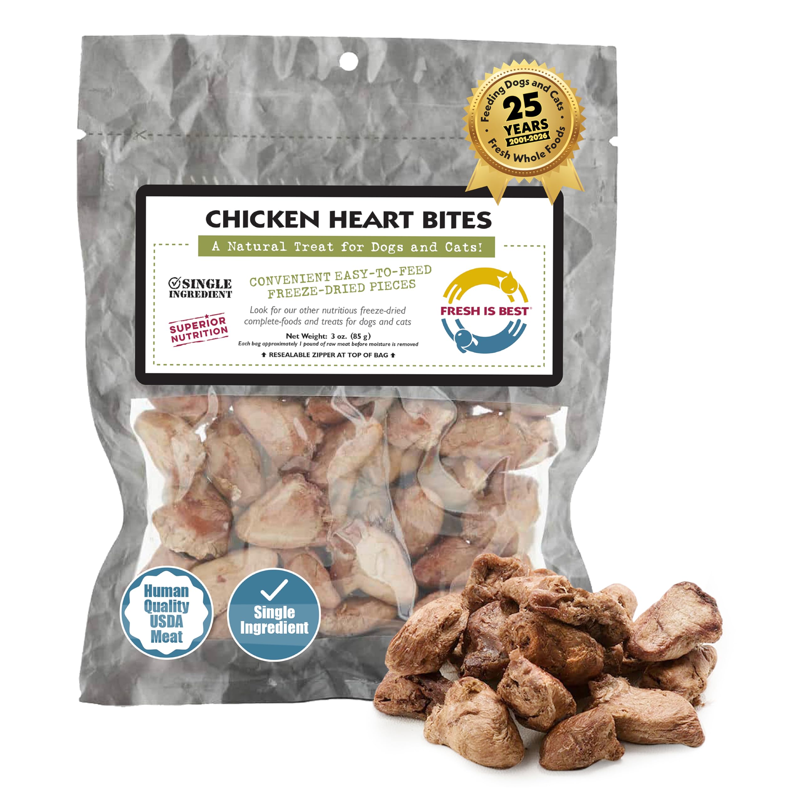 Fresh Is Best Freeze Dried Dog Treats - Raw Freeze Dried Chicken Hearts for Dogs & Cats - Dog Training Treats in Resealable Zipper Bag - High-Protein Single Ingredient - Made in The USA