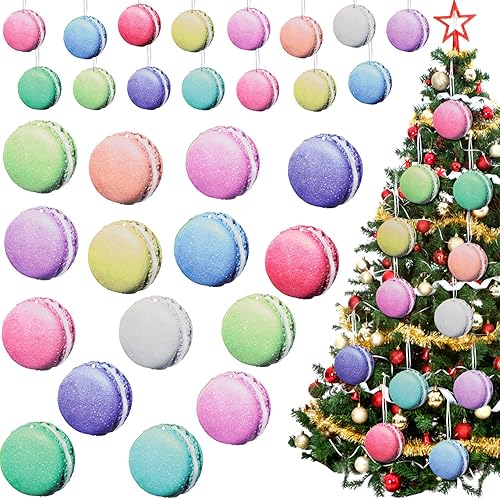 Juego de 36 adornos para árbol de Navidad, macarrones de madera para colgar coloridos macarrones de madera con cuerdas para decoración de árbol de