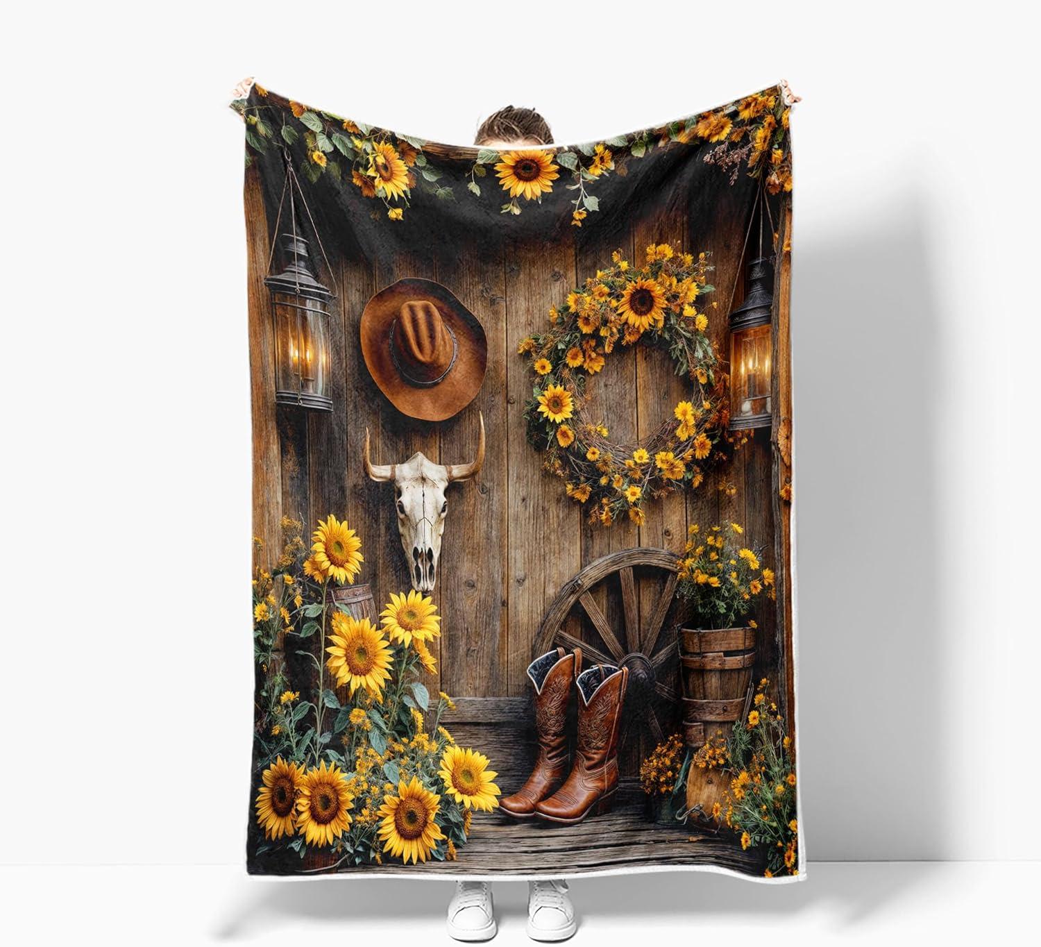 Western Cowboy Throw Blanket, Farmhouse Barn Southwest Country Sunflower Cowboy Boots Floral Soft Warm Cozy Plush Comfy Blanket for Couch Bed Sofa Rustic Southwestern Decorative Throws 60X80in