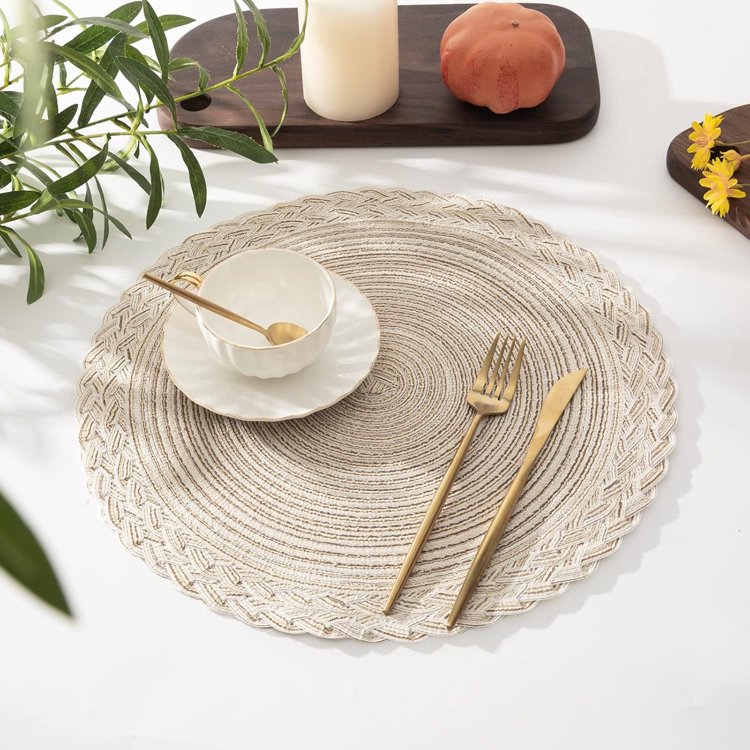 SHACOS Round Placemats Set of 4 Boho Braided Border 15 inch Circle Place Mats Washable Fabric Table Mats for Kitchen Dining Table, Ivory (Pack of 2)
