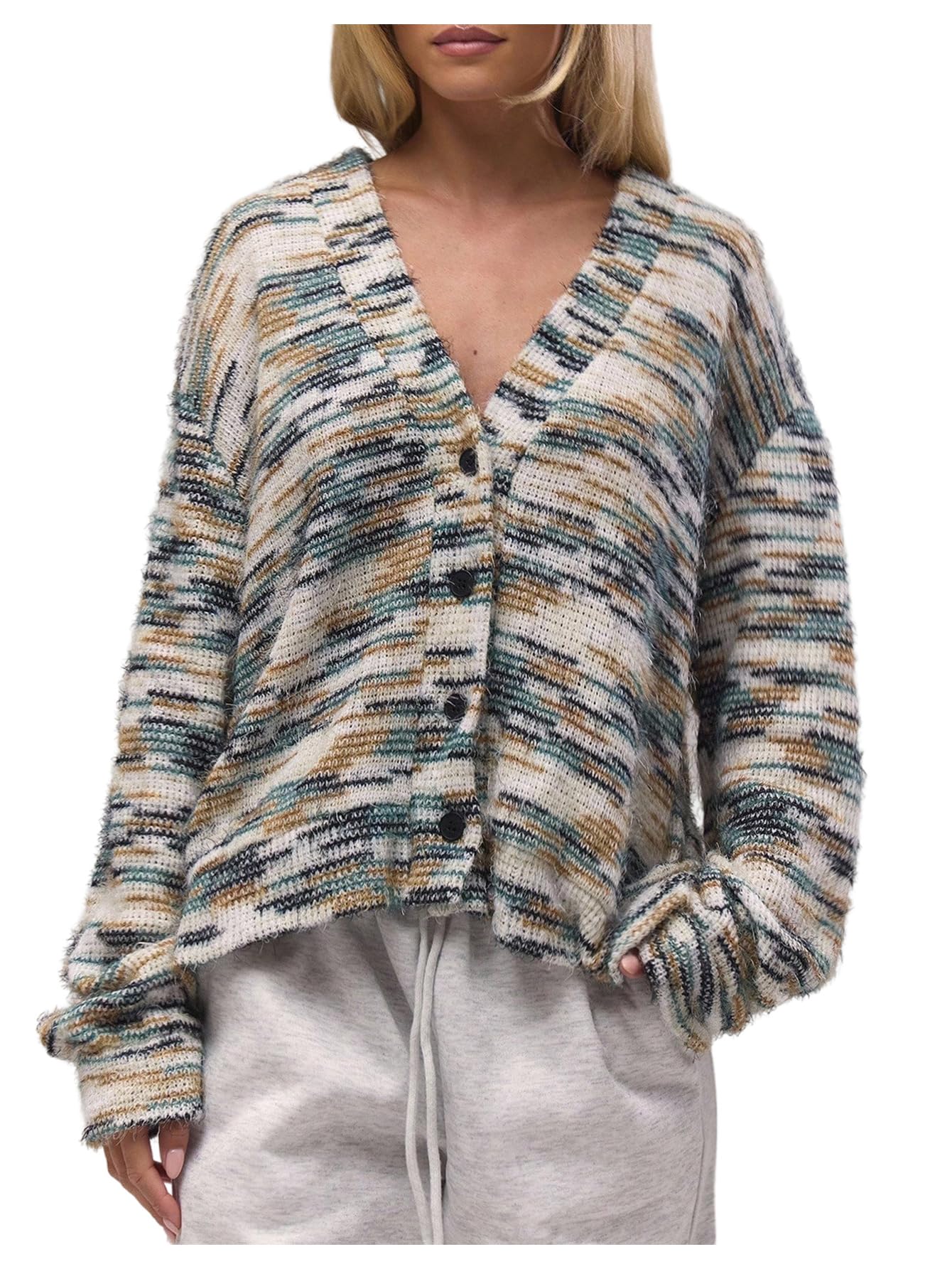 MakeMeChic Womens Striped Fuzzy Cardigan Oversized Long Sleeve V Neck Button Down Sweater