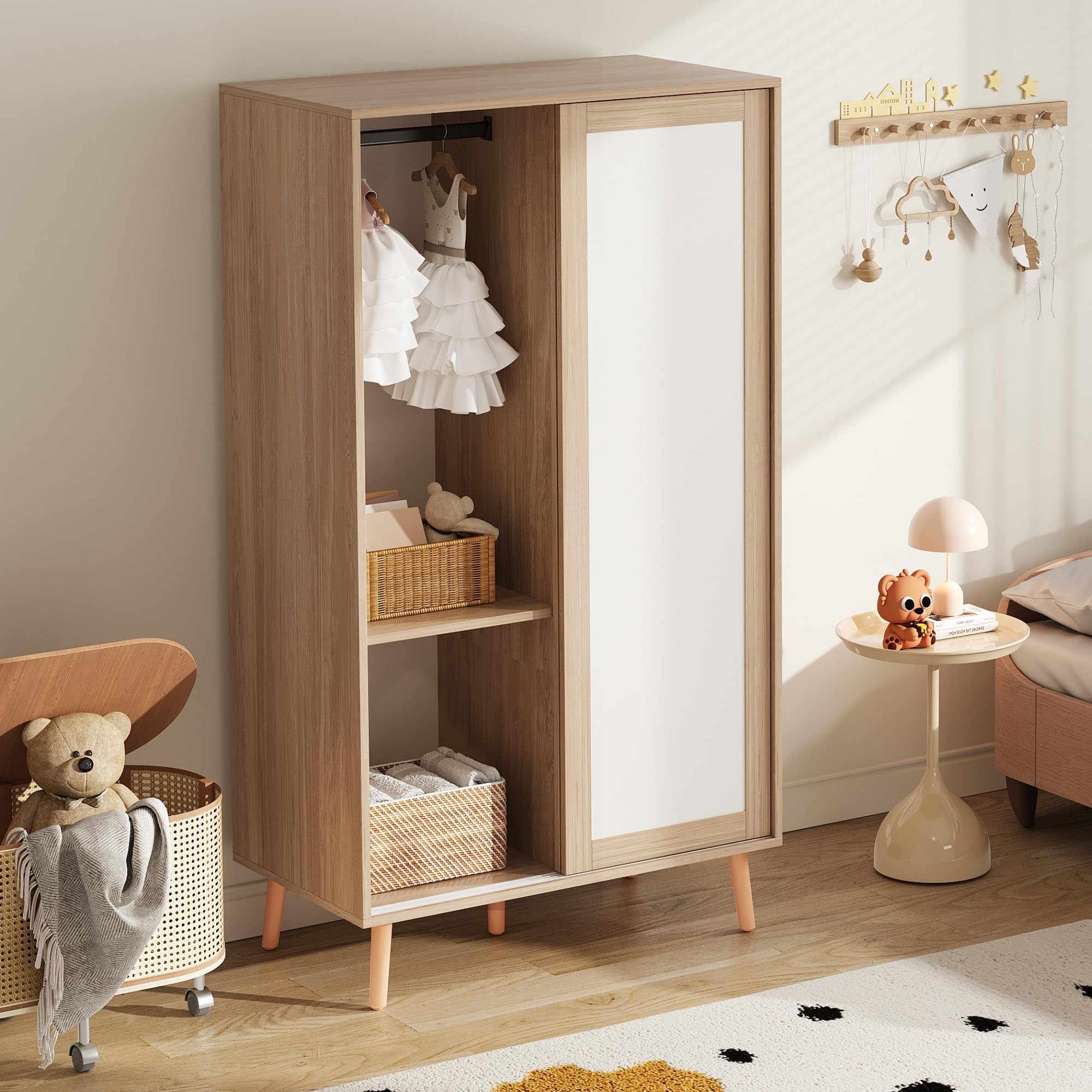 Soweiz Appendiabiti per bambini con porta scorrevole, bianco + legno naturale, 141,5 cm