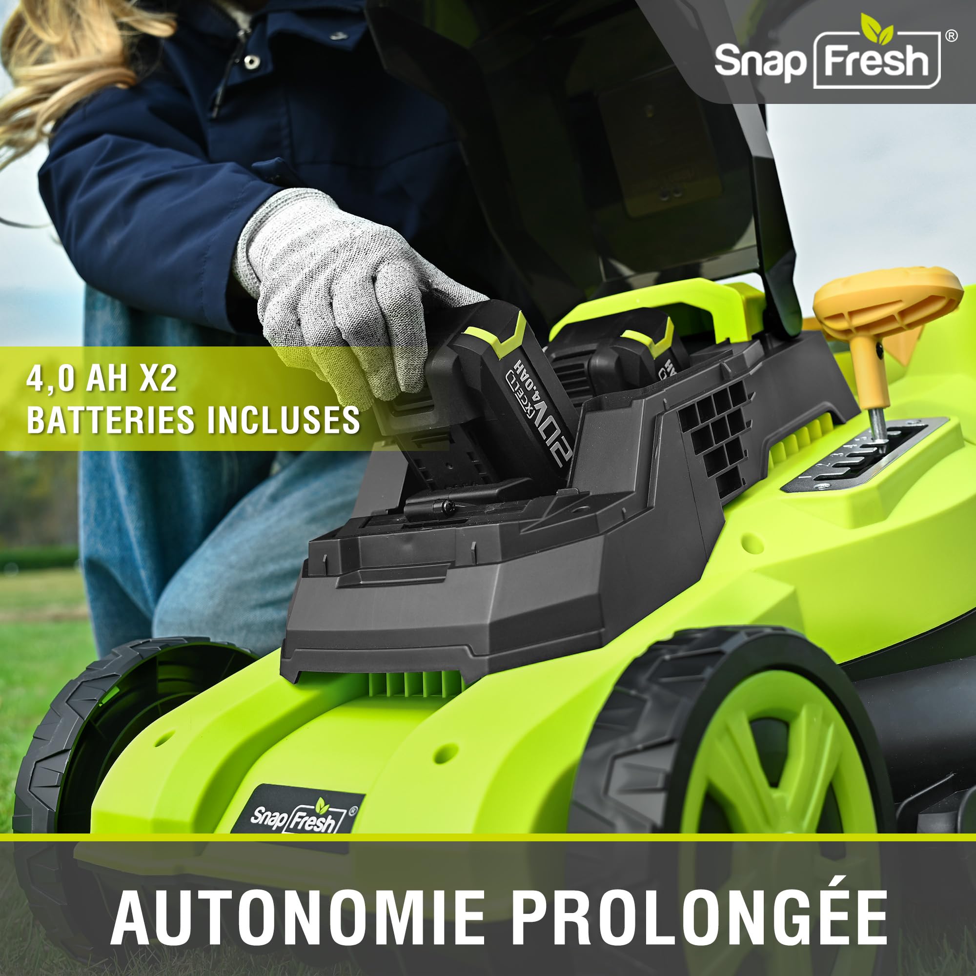 SnapFresh Tondeuse à Gazon sans Fil 40V, Largeur de Coupe 40 cm, Bac 42 L, Deux Batteries 4,0 Ah, Moteur sans balais