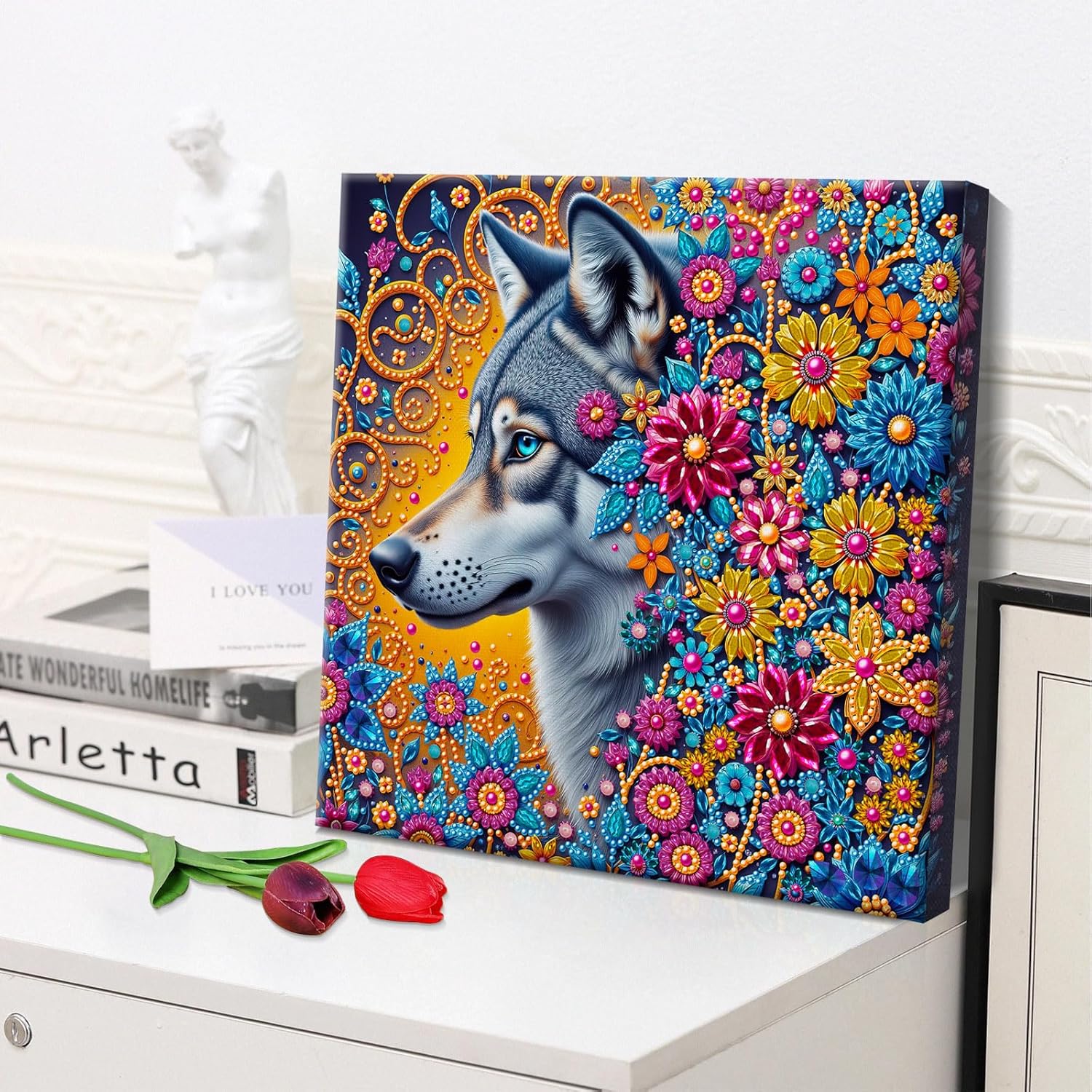 POETRYDRAW Pearl Diamond Art Painting Kit with Frame 11.42 x 11.42 inch, DIY Pearl Beads Art Craft for Adults - Beginner Friendly Framed Canvas Wall Decor Gift Idea (Wolf Flower)