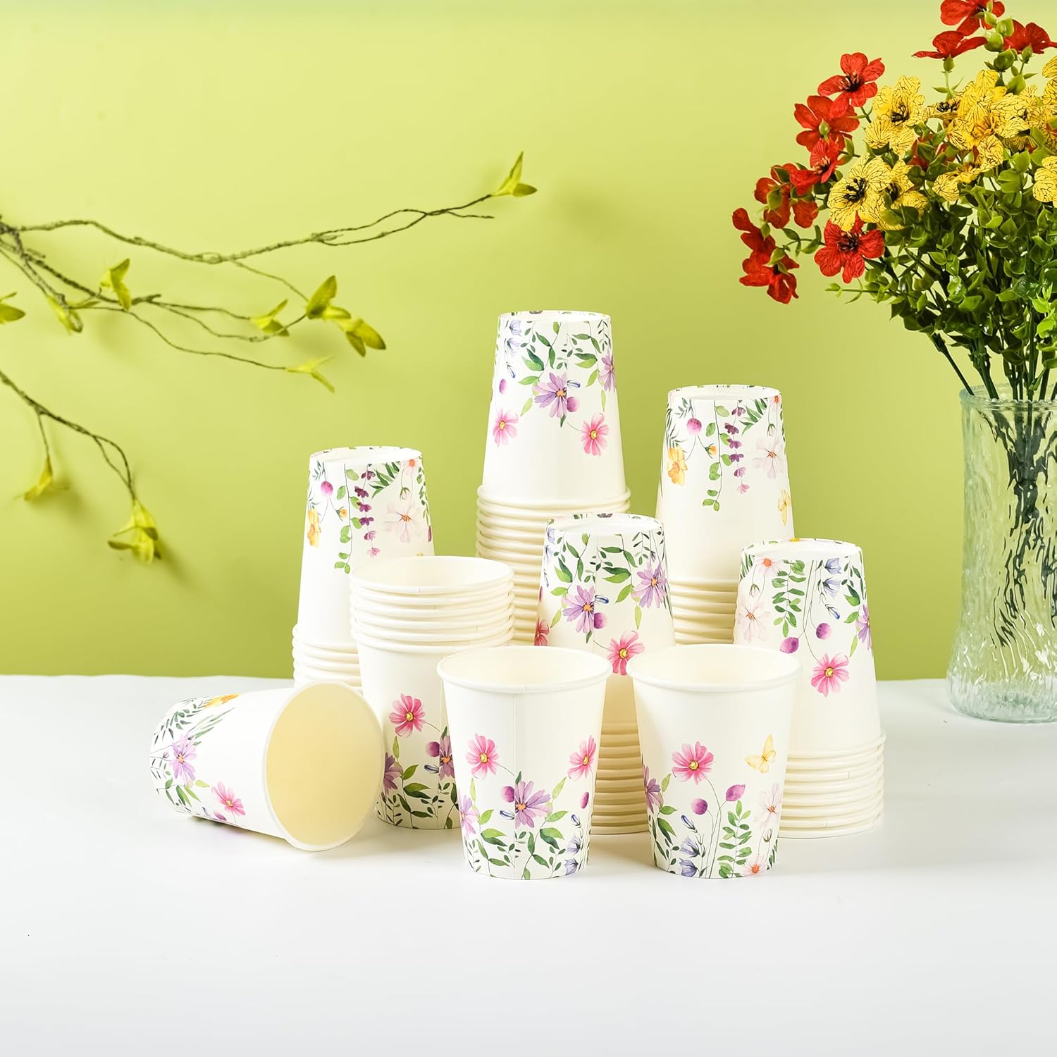 100Pcs Flowers Butterfly Paper Cups Spring Floral Disposable Party Cups 9oz Watercolor Wildflowers Drinking Cups for Hot Cold Beverage Bridal Wedding Shower Shower Party Supplies - Image 3