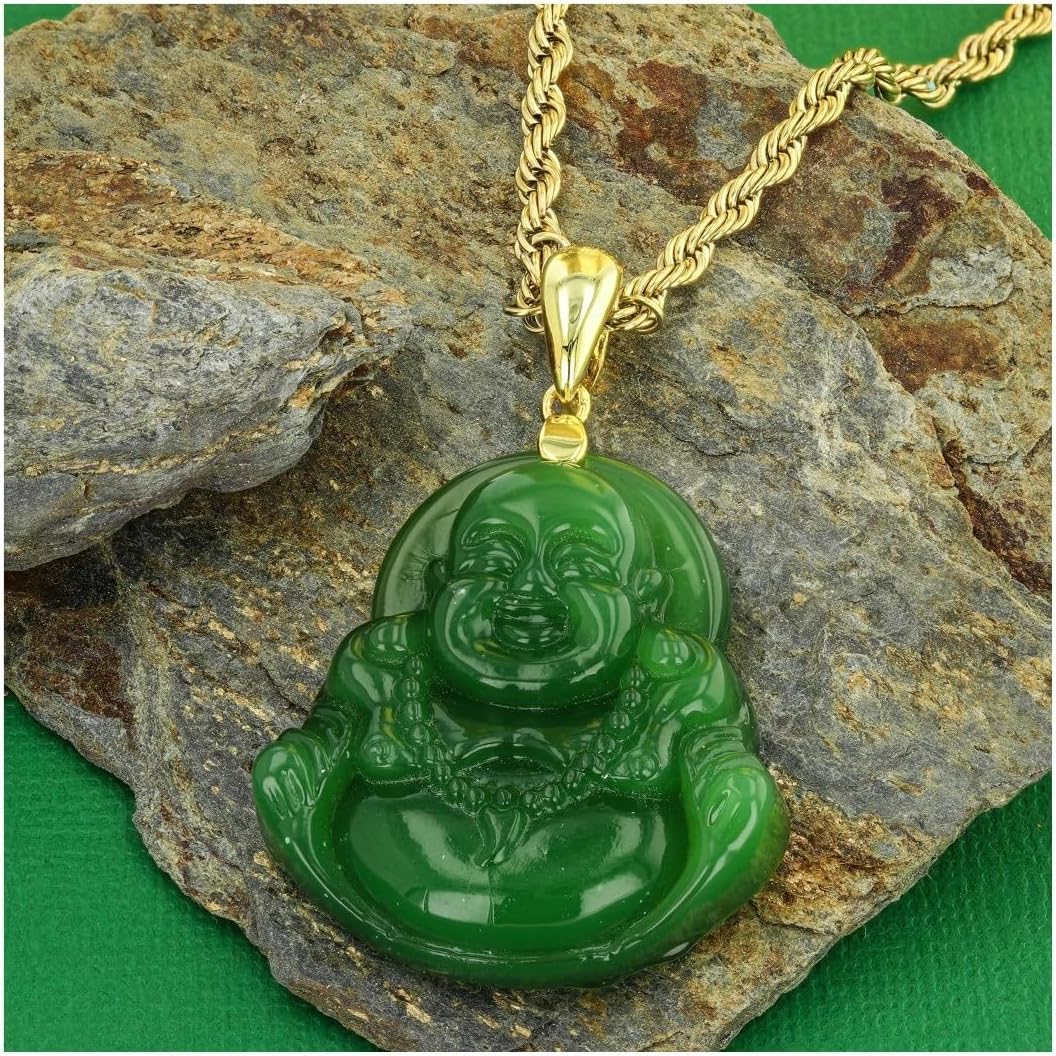 Green Jade Laughing Buddha Pendant Necklace – Certified Grade A Jadeite, Handcrafted Happy Buddha Amulet, Gold Rope Chain, Good Luck Jewelry for Men & Women