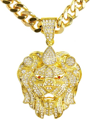 Celeb Style Rapper - Collar de cadena cubana pesada chapada en oro de 14 quilates con dije de cabeza de león de 30 pulgadas, HC 6037 G, Zinc
