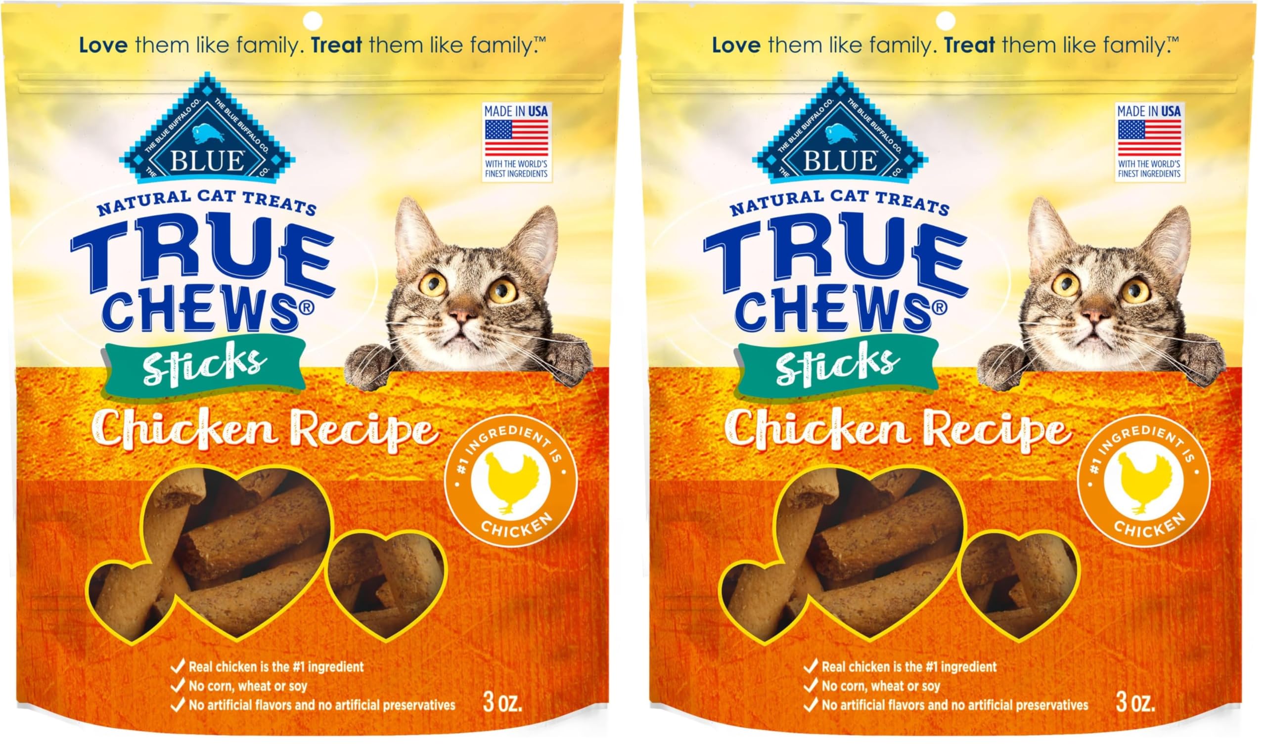 Blue Buffalo True Chews Sticks Natural Cat Treats, Chicken Recipe, Meaty & Savory Treats Made in The USA, 3-oz. Bag (Pack of 2)
