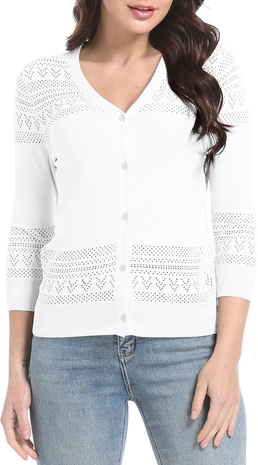Urban CoCo Women's V-Neck Boho Crochet Cardigan 2025 Summer Lightweight 3/4 Sleeve Open Front Button Down Cover Up - Image 3