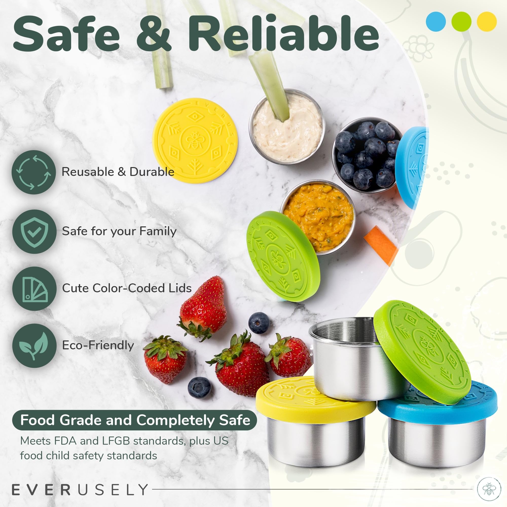 Everusely Condiment Cups, 3 Pack, 1.7 oz / 50 ml, Summer, Stainless Steel, Condiment Containers with Lids - Image 3