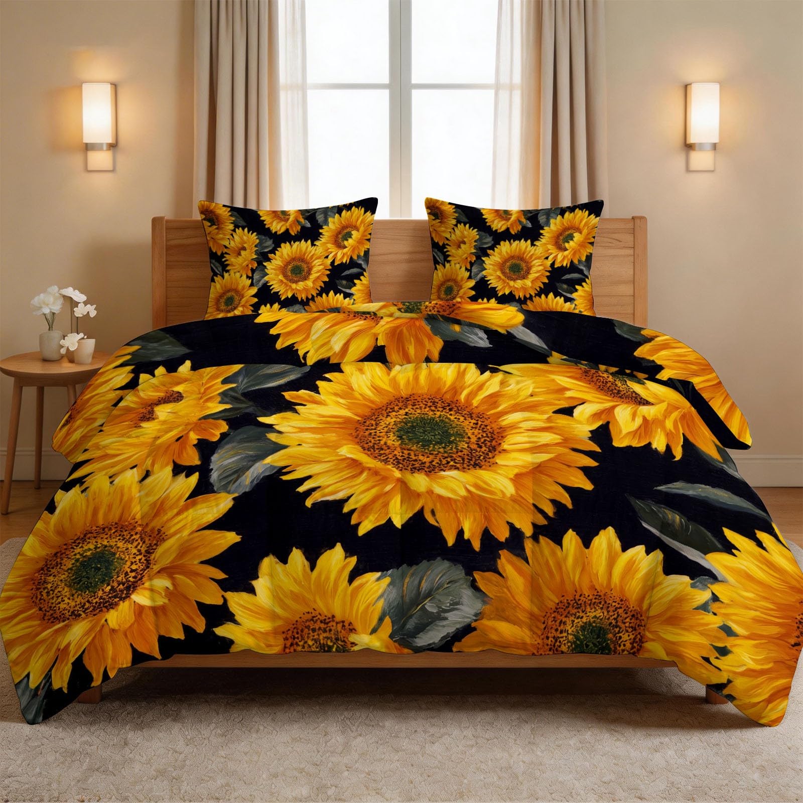 Édredon Réversible sans Housse Fleurs Tournesol pour Chambre Nature