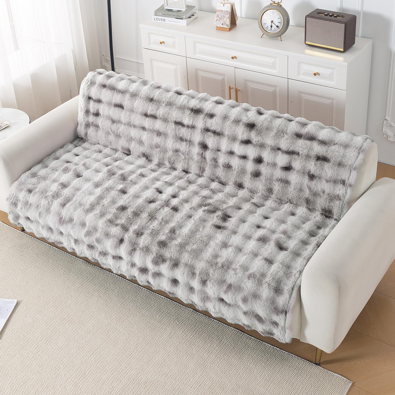 HOKIPO Luxury Faux Rabbit Wool Sofa Cover for 3 Seater Sofa | Full Protection for Sofa Seat and Back | 'Gradient Rabbit Plush Series' (180x175cm), Grey (AR-6642-GRY)-image-22