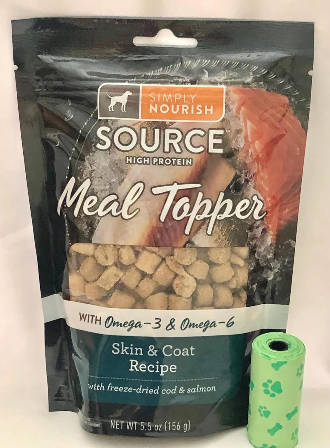 Simply NourishHigh Protein Meal Topper Skin & Coat with Omega-3 & Omega-6 Freeze Dried Cod & Salmon Net Wt 5.5oz Bag/Plus Dog Waste Bag