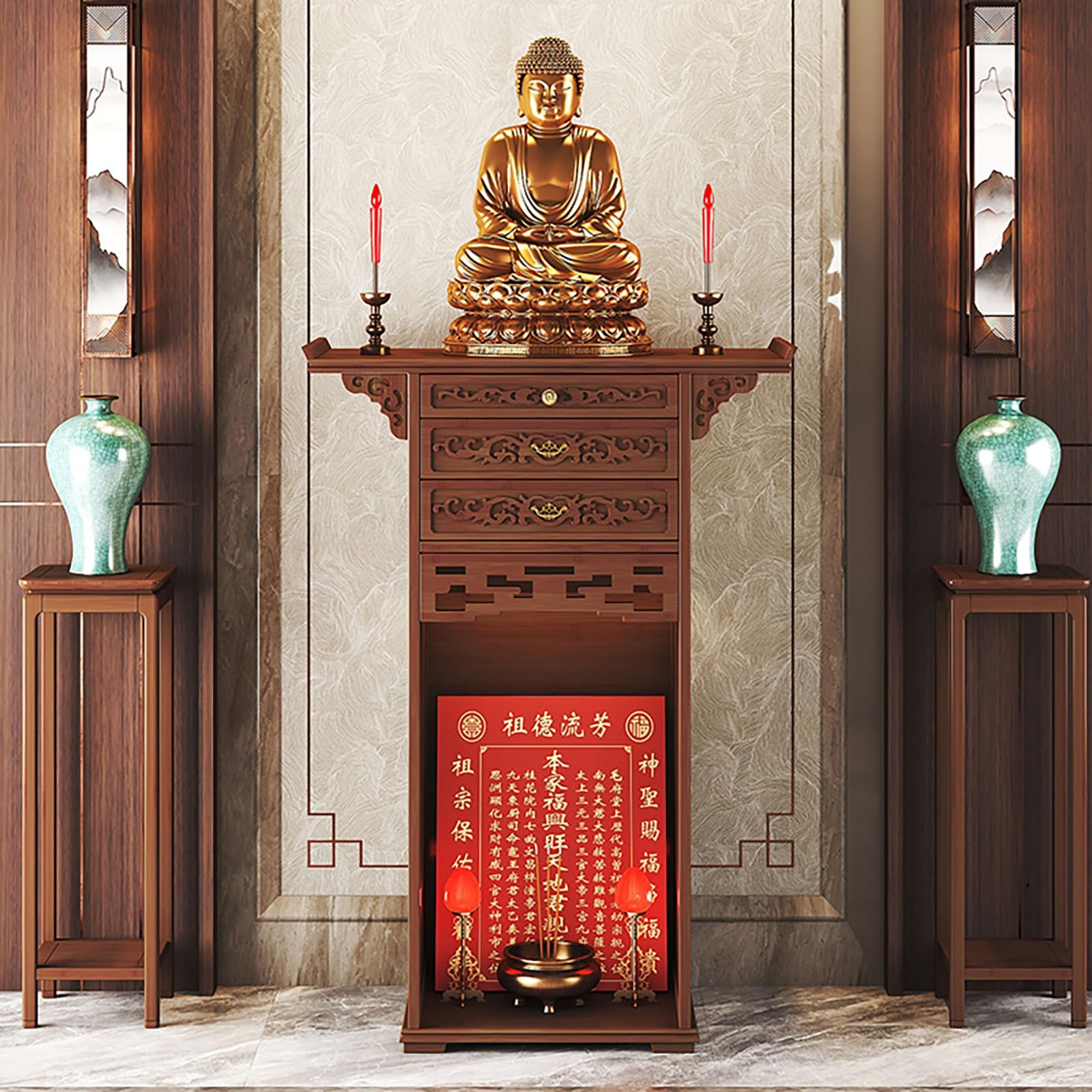 Llylafdc One Color Buddha Altar Tabletop Shrine Cabinet,Buddha Niche Bamboo Modern, Chinese Fengshui Statue Display Shelf With Drawer(65Cm)