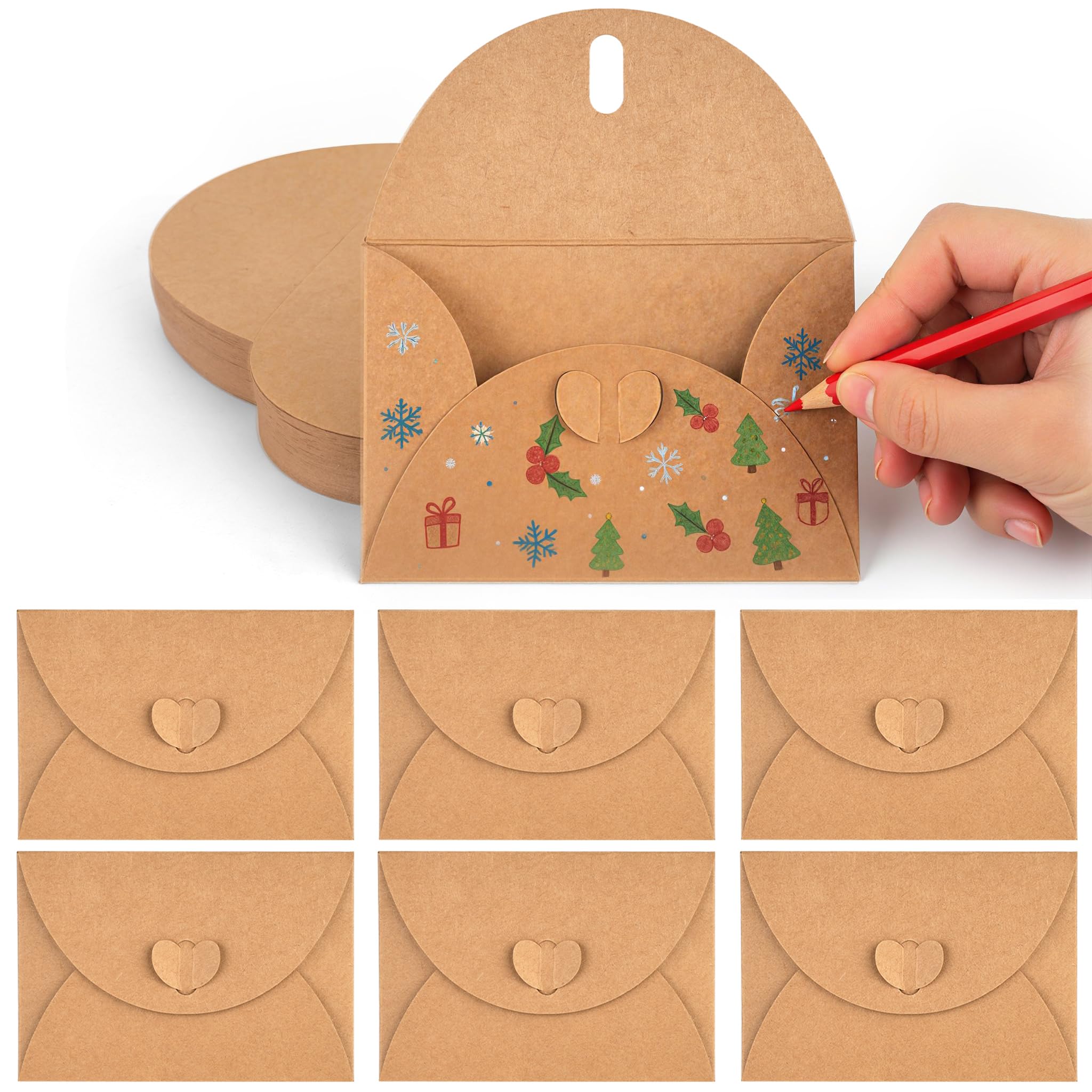 VGOODALL 100PCS Mini Gift Card Envelopes, Small Kraft Paper Envelopes with Heart Clasp for Christmas Cards, Thank You Notes, Weddings, Birthdays and DIY Crafts