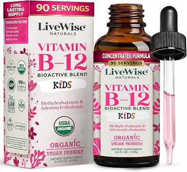 Live Wise Naturals Organic Vitamin B12 Liquid Drops for Kids Bioactive Blend with Methylcobalamin & Adenosylcobalamin - Vegan, Non-GMO, USDA Organic, 3 Months Supply, 0.4 FL OZ