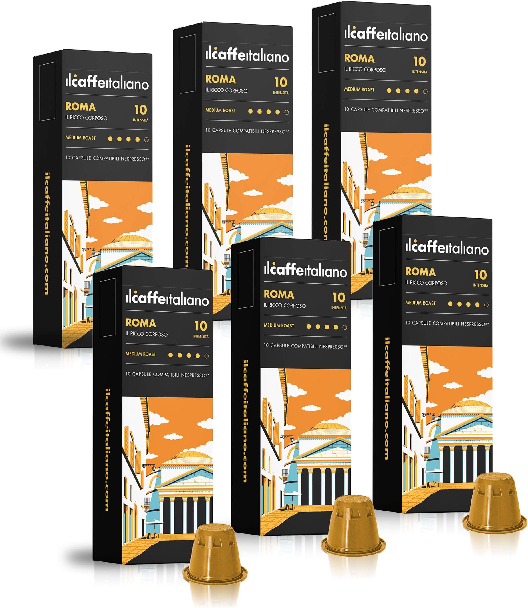Il Caffé Italiano Coffee, Capsules Compatible with Nespresso OriginalLine, Certified Genuine Roma Roma Strong Intensity Pack, 60 Espresso Pods, Crafted in Sicily