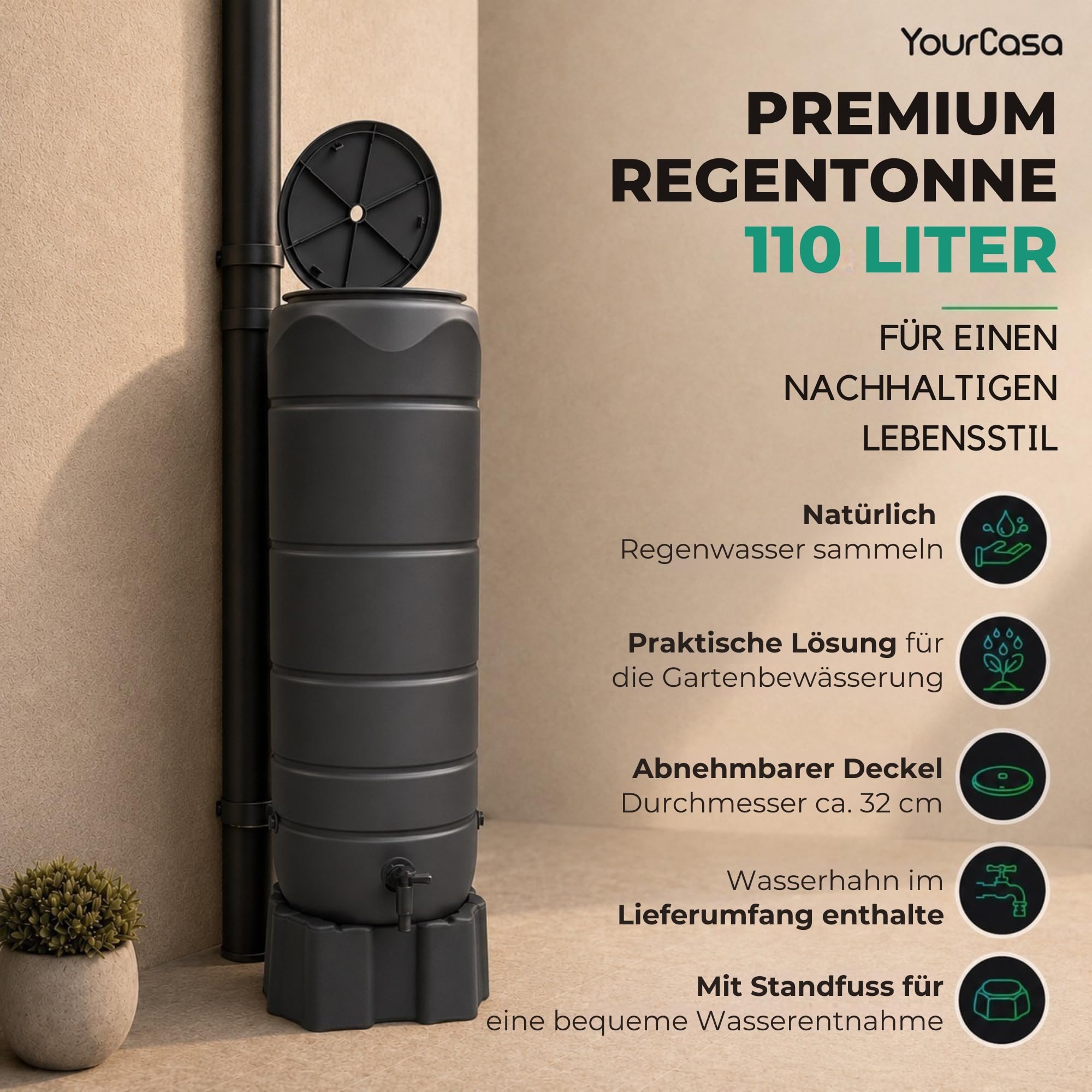 YourCasa Regentonne [CircleTower] 110L mit Standfuss, Deckel & Wasserhahn - Regenfass Frostsicher aus Kunststoff - Regenwassertonne - Regenwassertank Garten Wassertank Regensammler (Grau)
